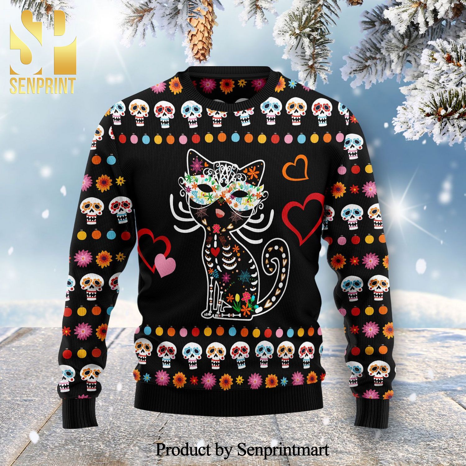Day Of The Dead Black Cat Knitted Ugly Christmas Sweater