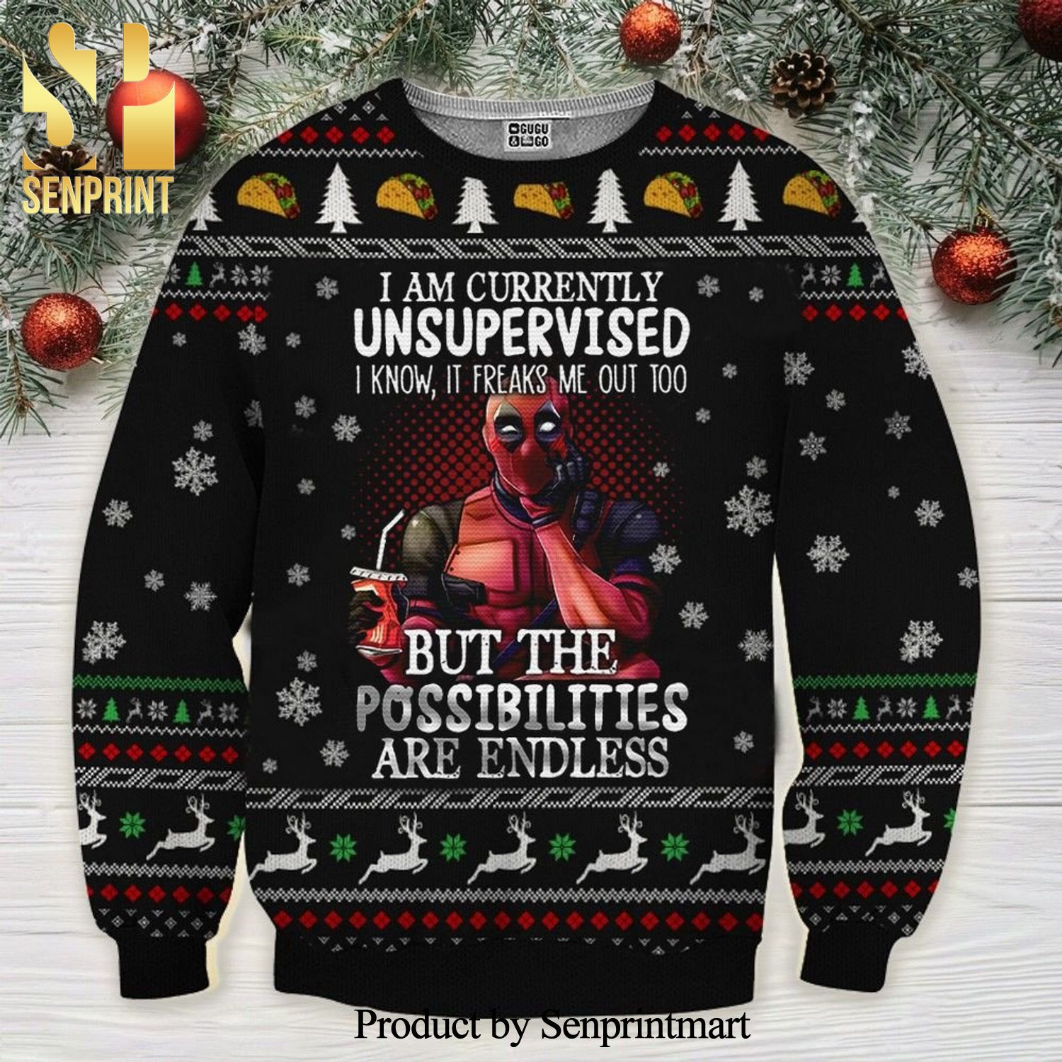 Deadpool I Am Currently Unsupervised But The Possibilities Are Endless Knitted Ugly Christmas Sweater