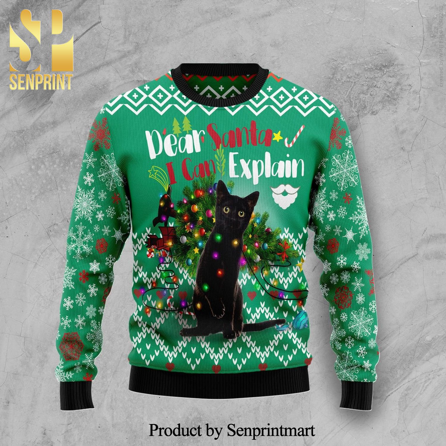 Dear Santa I Can Explain Black Cat Knitted Ugly Christmas Sweater