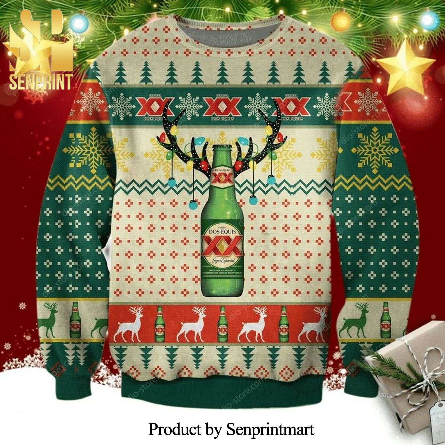 Dos Equis Beer Reindeer Christmas Knitted Ugly Christmas Sweater