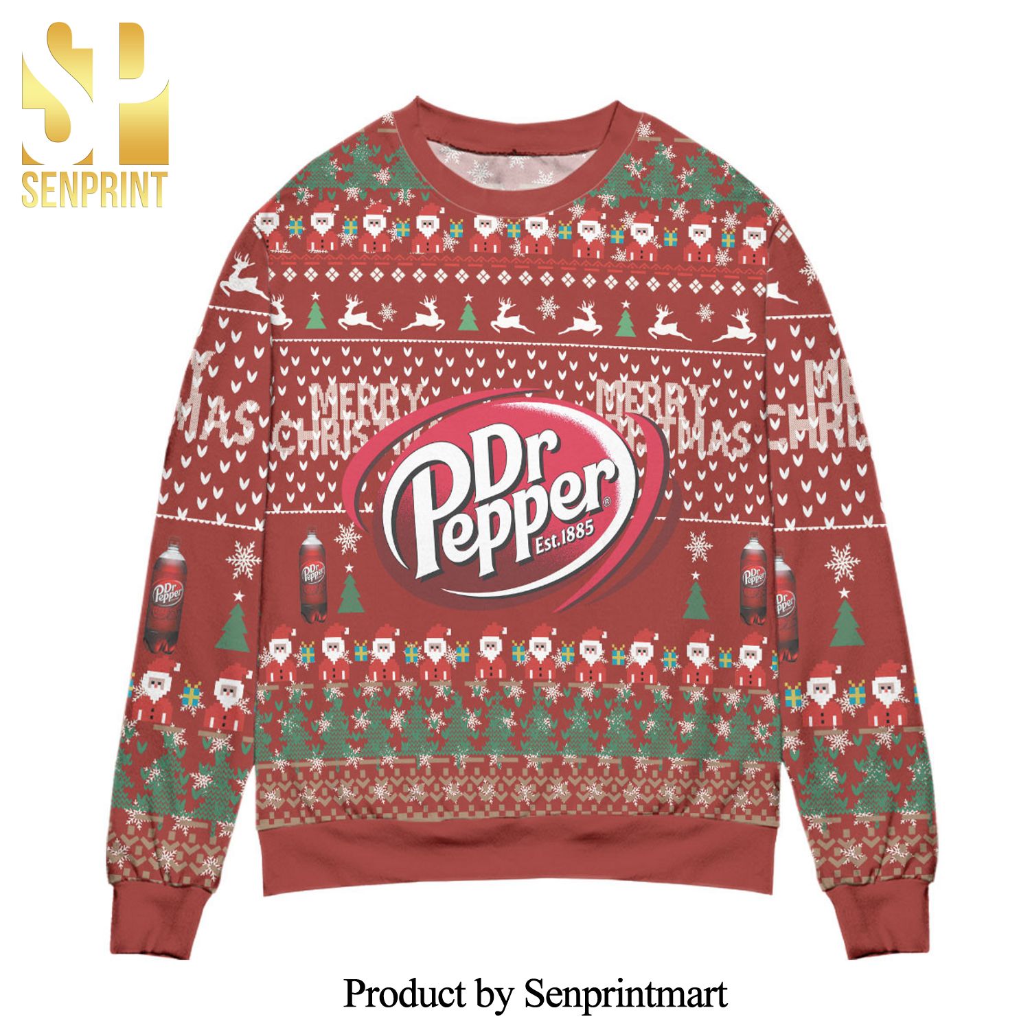 Dr Pepper Reindeer And Pine Tree Pattern Knitted Ugly Christmas Sweater – Red