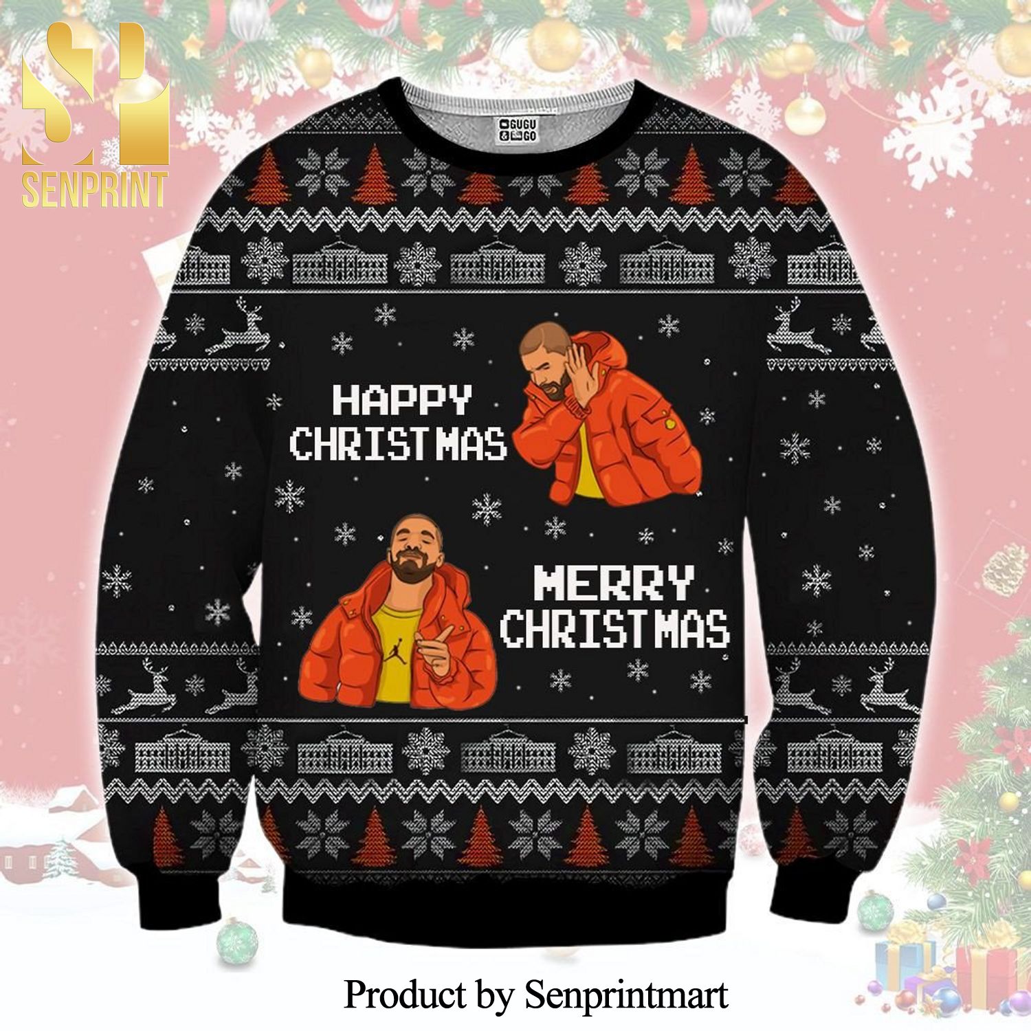 Drake Meme Happy Christmas Reindeer Knitted Ugly Christmas Sweater – Black