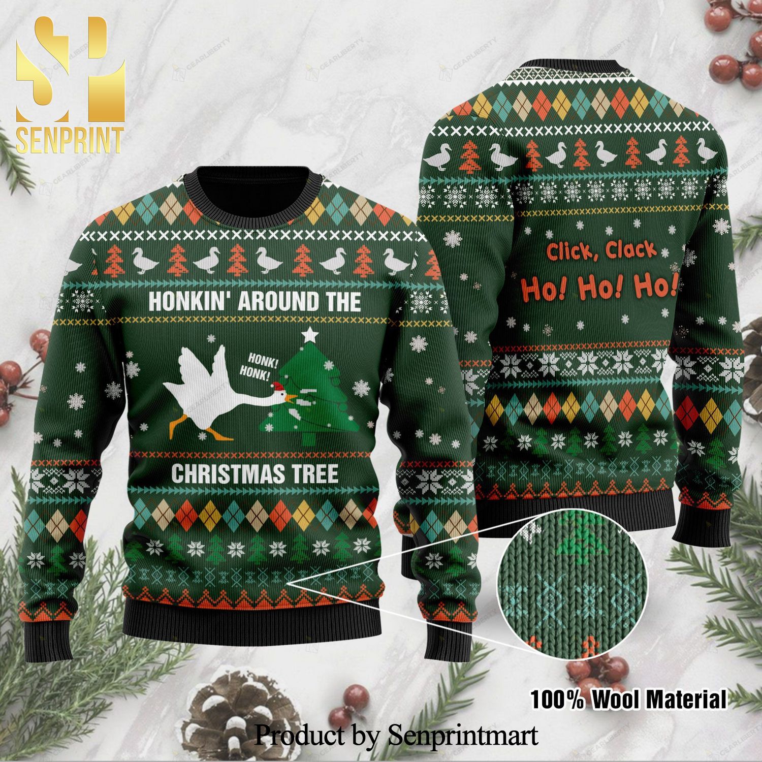 Duck Honkin Around Christmas Tree Knitted Ugly Christmas Sweater