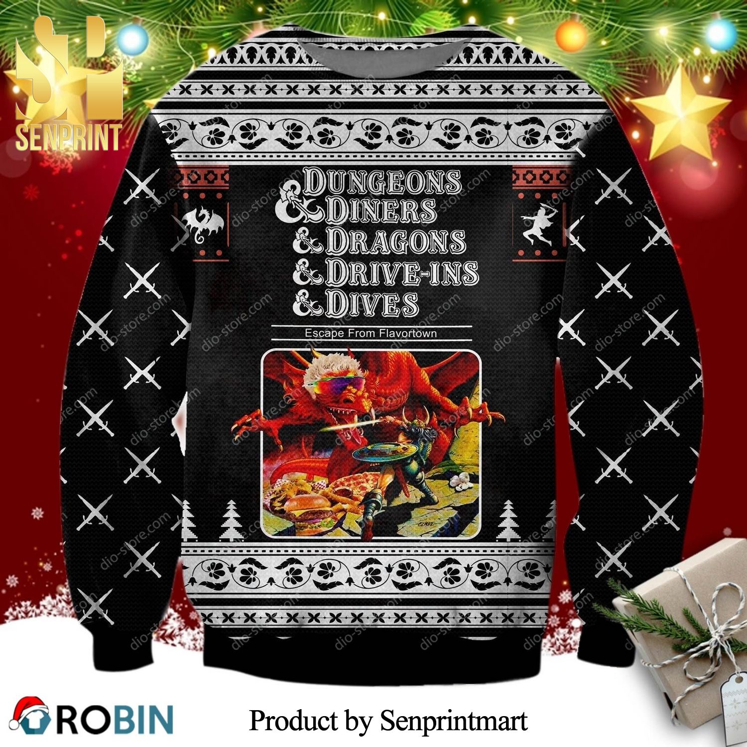Dungeons And Diners And Dragons And Drive-Ins And Dives Game Knitted Ugly Christmas Sweater