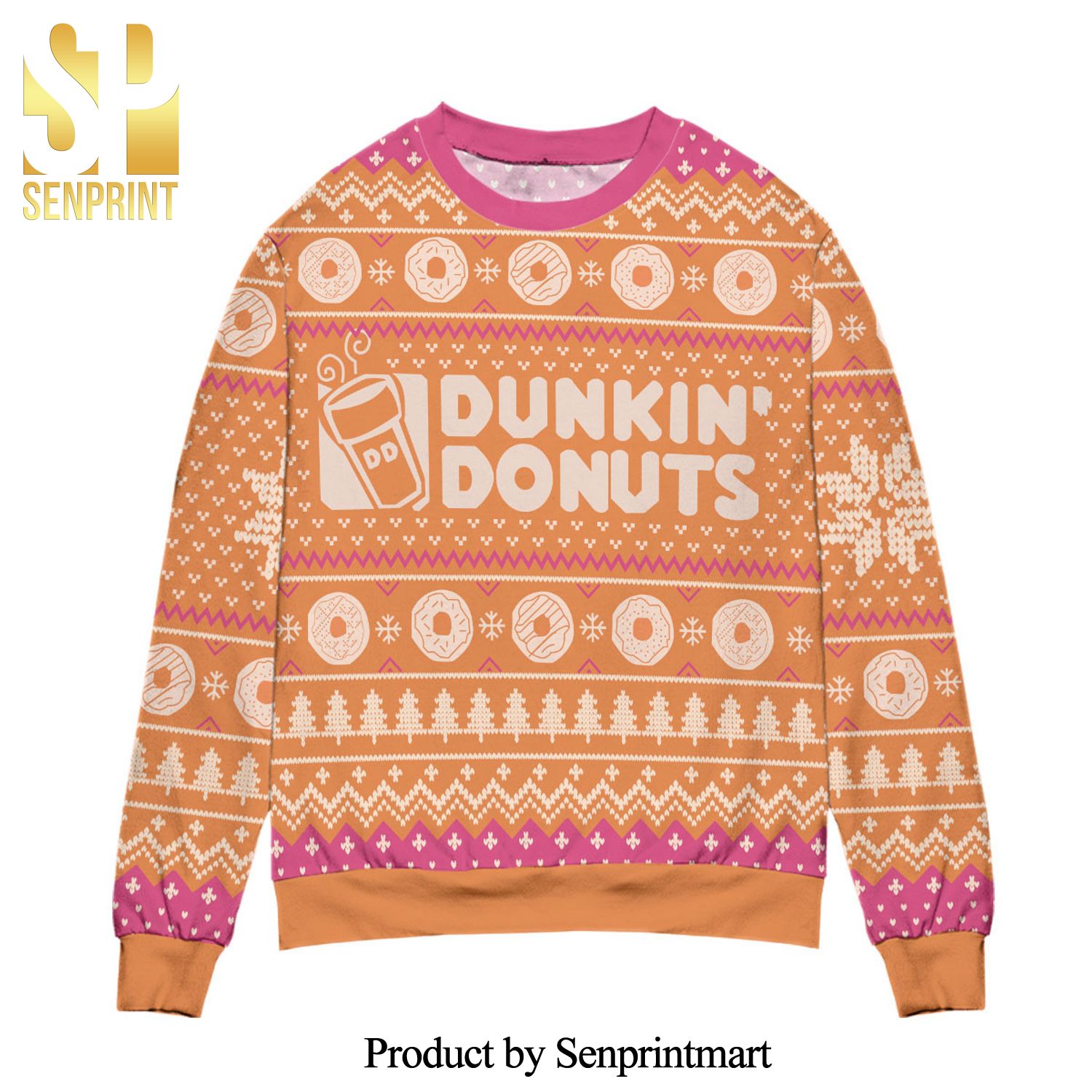 Dunkin’ Donuts Snow Flake And Pine Tree Knitted Ugly Christmas Sweater – Orange