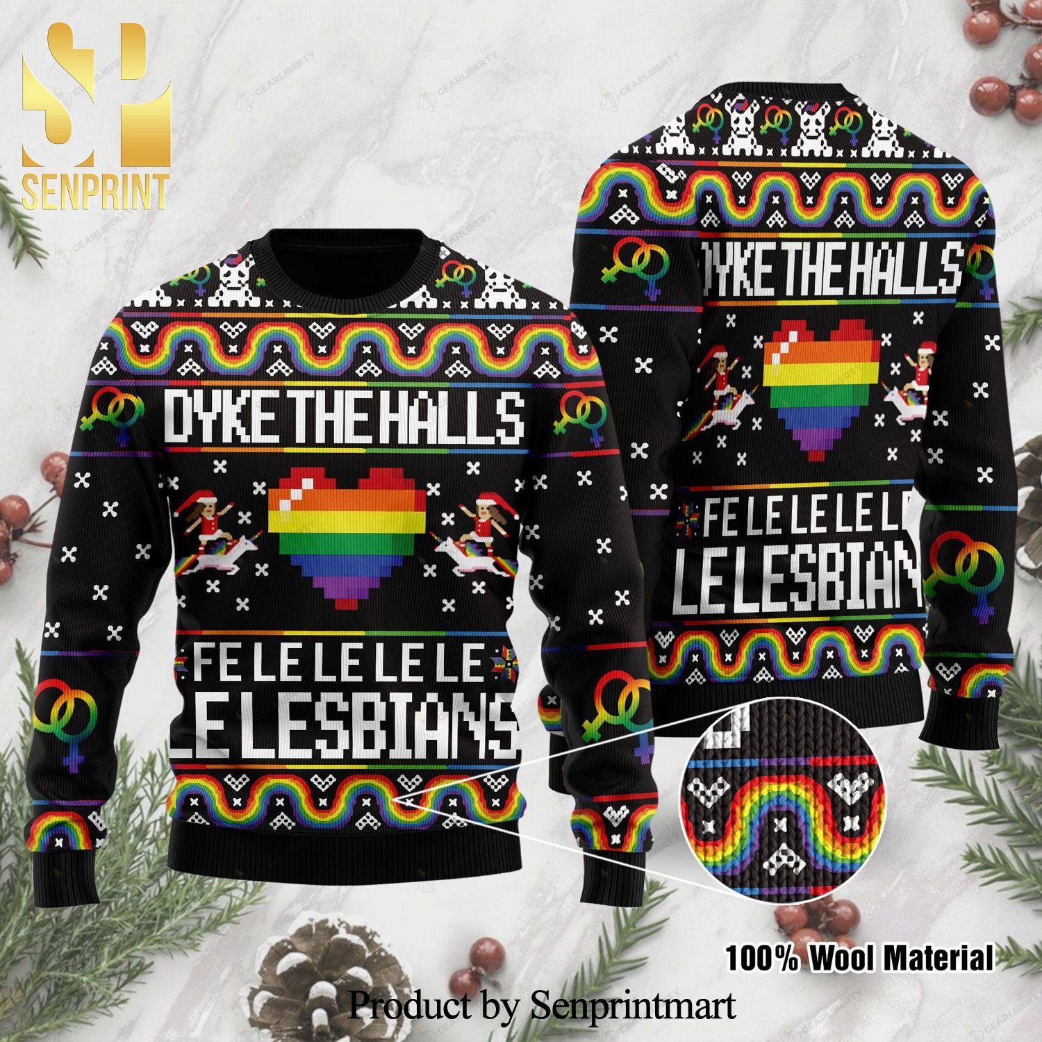 Dyke The Halls Fe Le Le Le Le Le Lesbians With Unicorn For Lesbians On National Knitted Ugly Christmas Sweater
