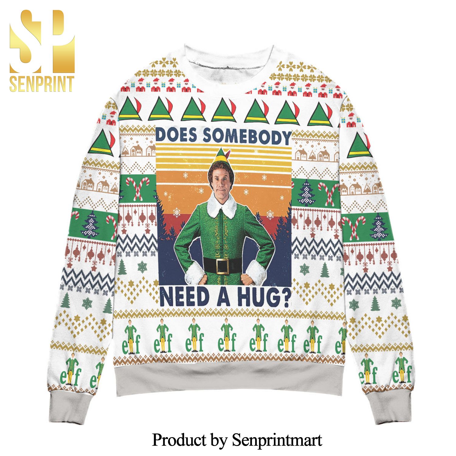 Elf Does Somebody Need A Hug Knitted Ugly Christmas Sweater – White