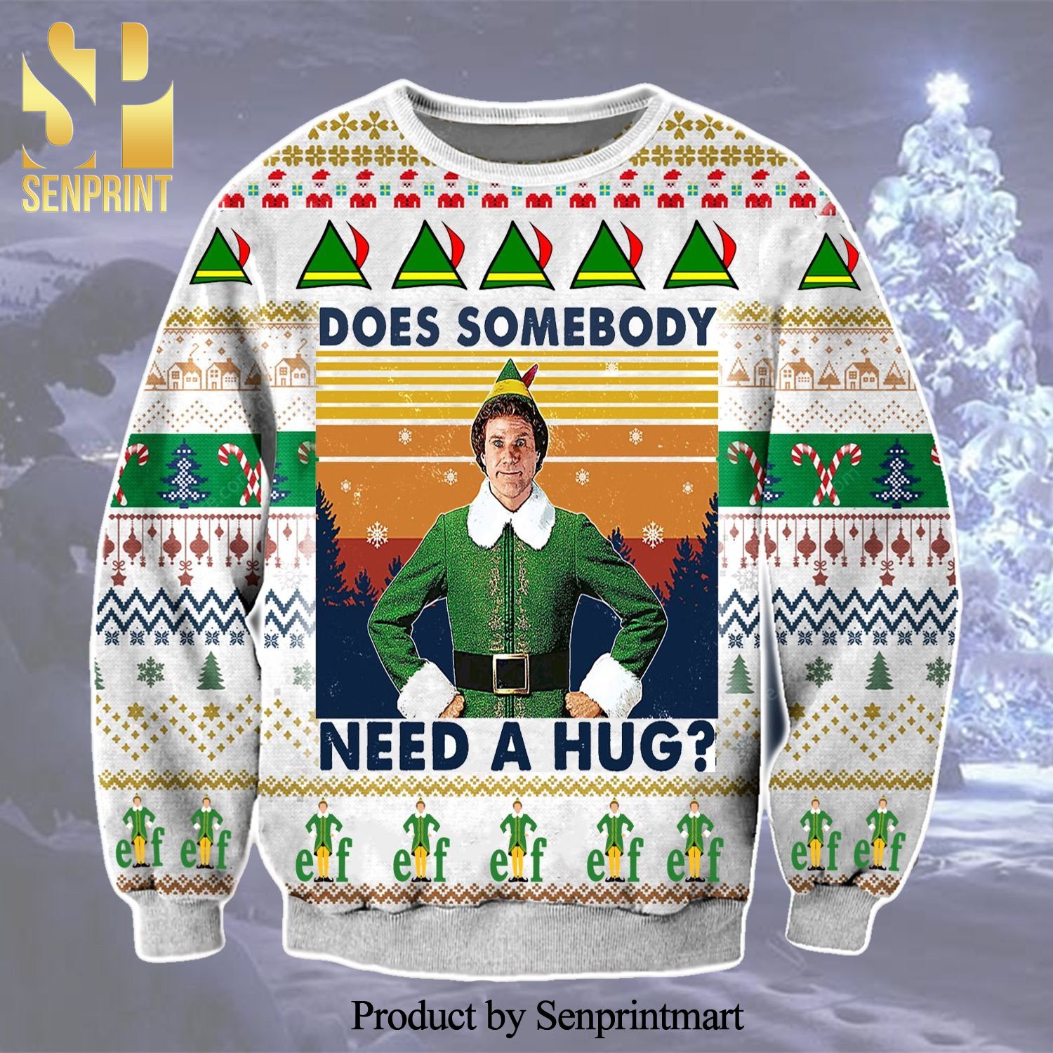 Elf Meme Does Somebody Need A Hug Knitted Ugly Christmas Sweater – White