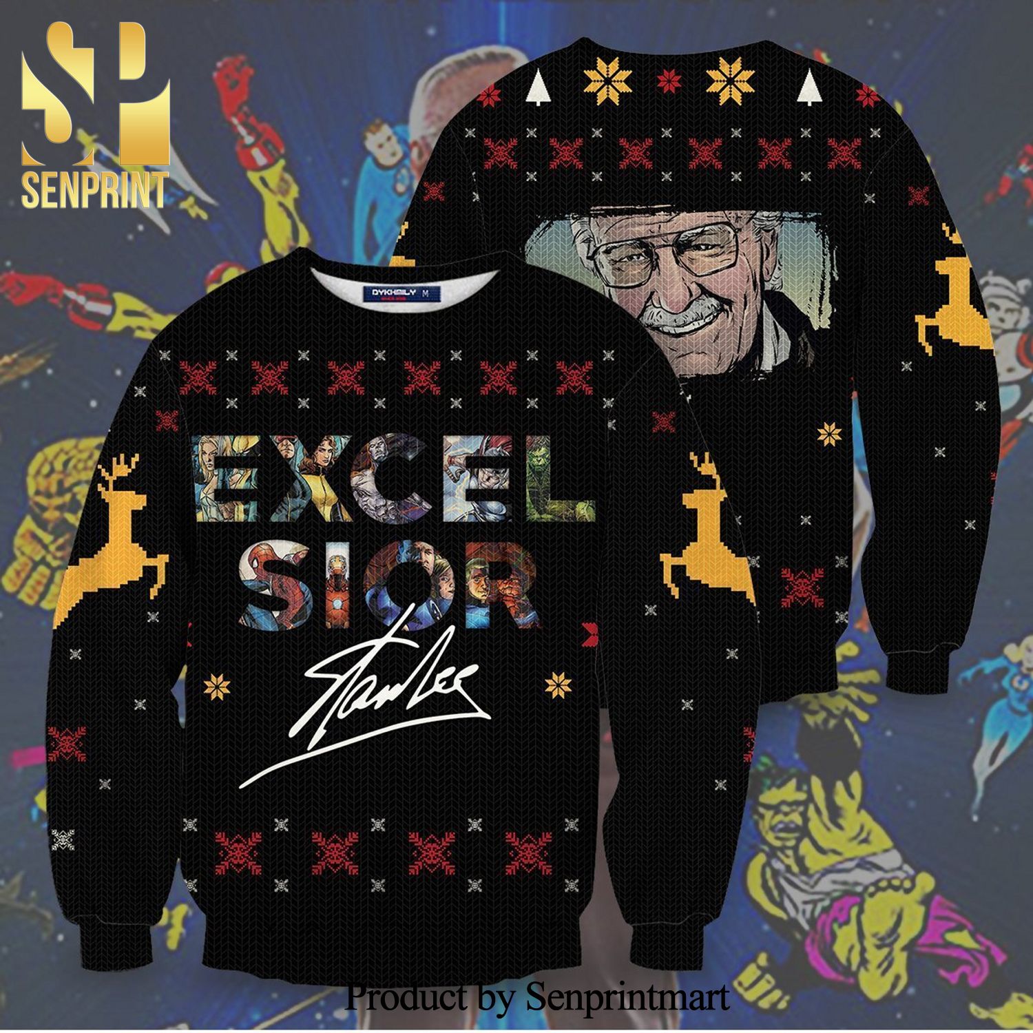 Excelsior Stan Lee Marvel Comics Snowflake Knitted Ugly Christmas Sweater