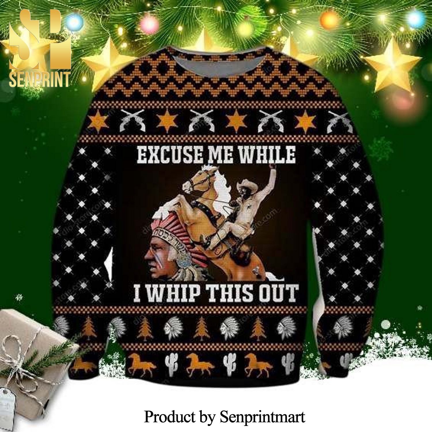 Excuse Me While I Whip This Out Indian Chief Blazing Saddles Knitted Ugly Christmas Sweater