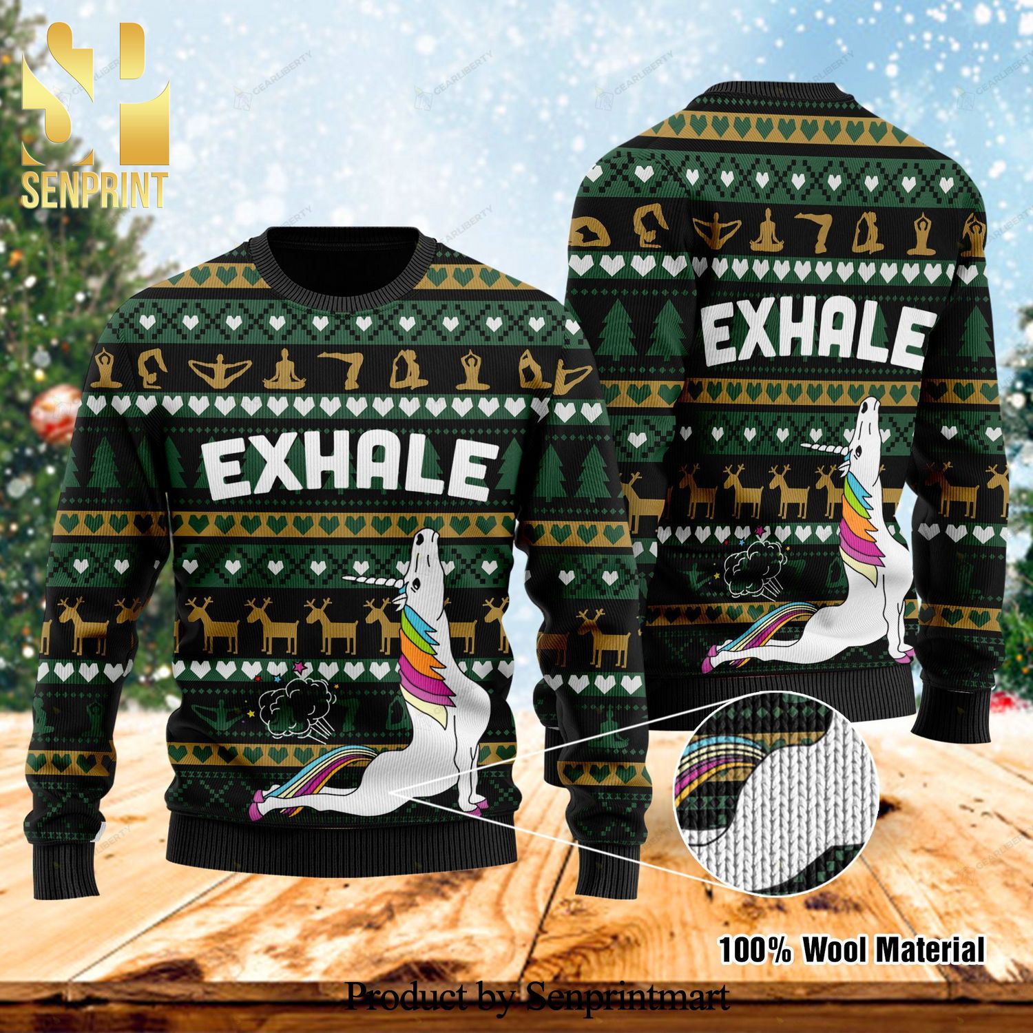 Exhale Yoga Unicorn Knitted Ugly Christmas Sweater