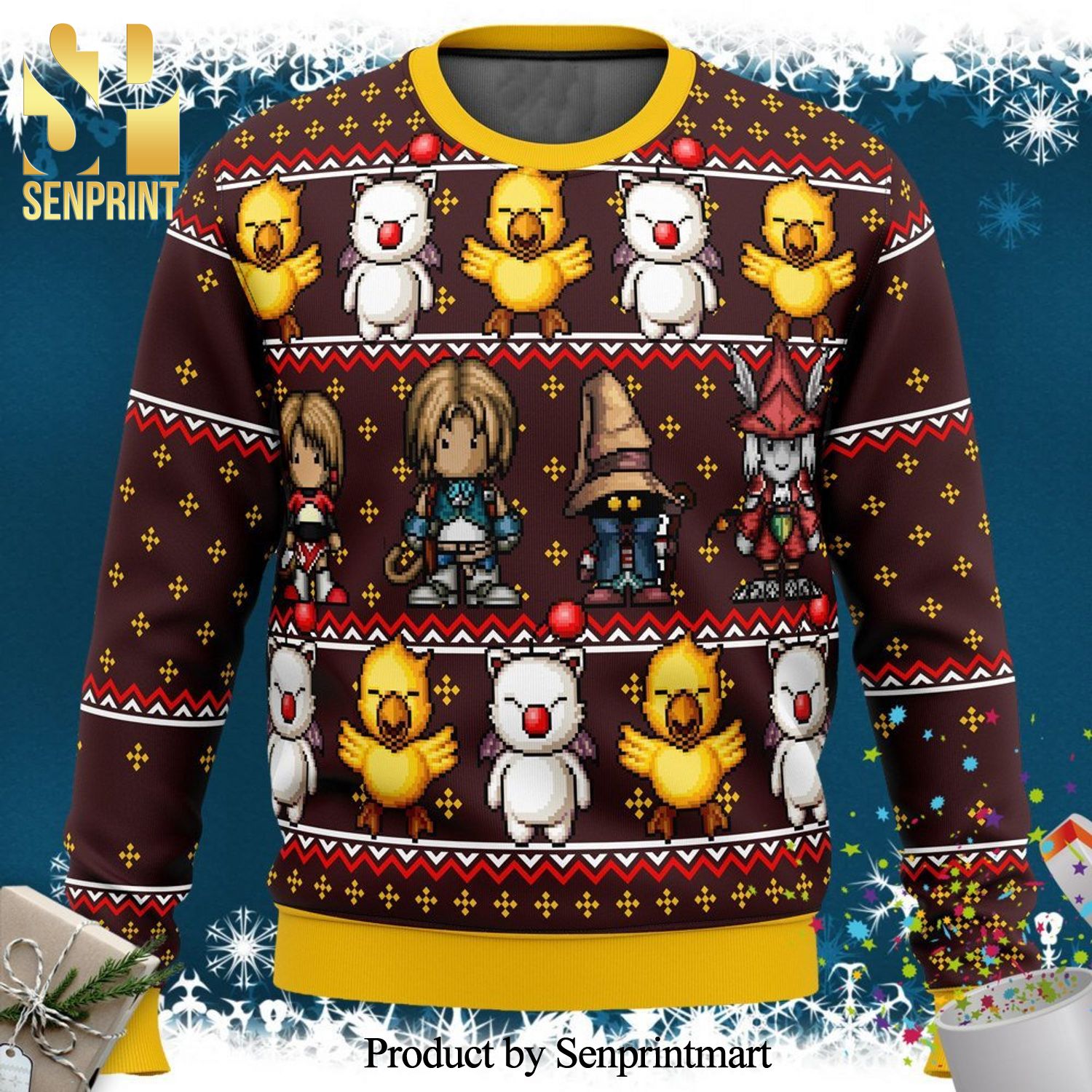 Final Fantasy Classic 8Bit Characters Knitted Ugly Christmas Sweater