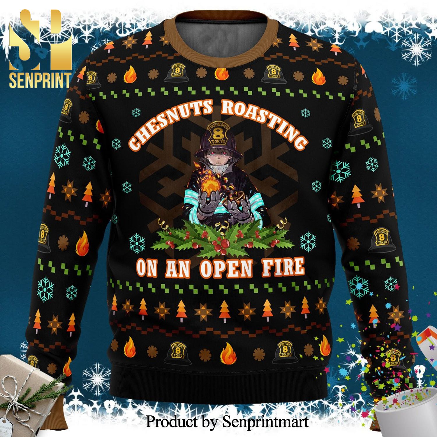 Fire Force Chesnuts Roasting Knitted Ugly Christmas Sweater