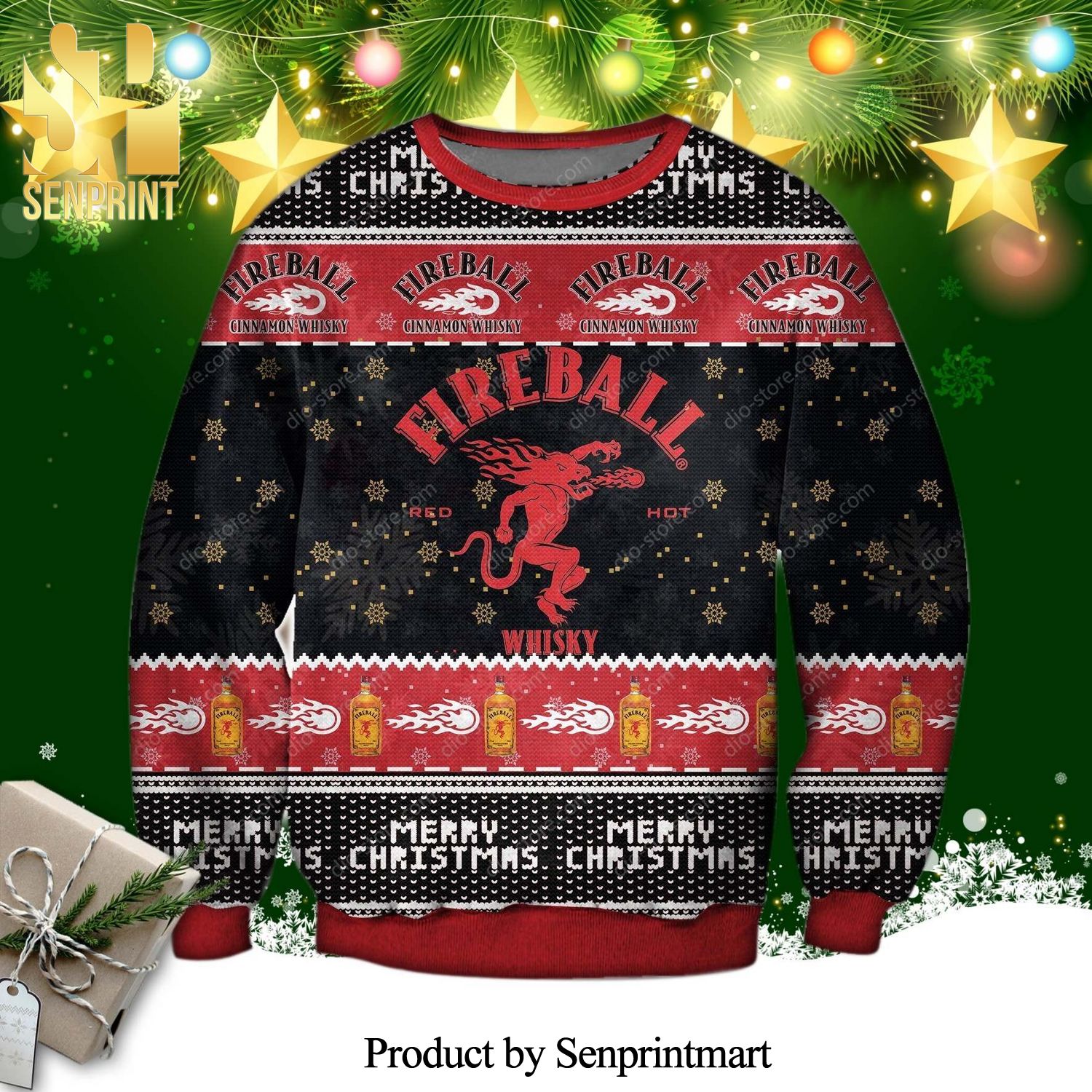 Fireball Cinnamon Whisky Merry Xmas Snowflake Knitted Ugly Christmas Sweater