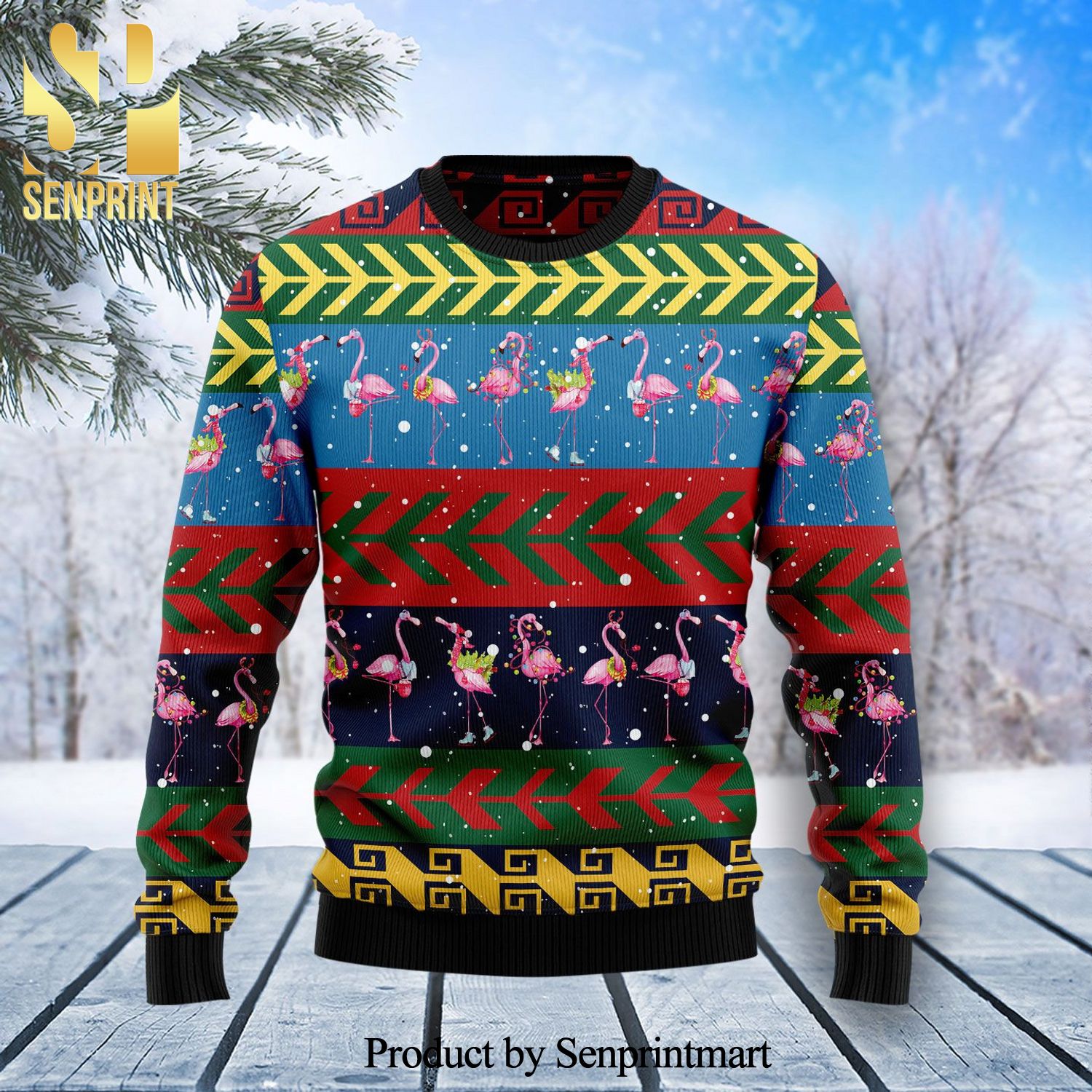 Flamingo Cartoon Christmas Pattern Knitted Ugly Christmas Sweater