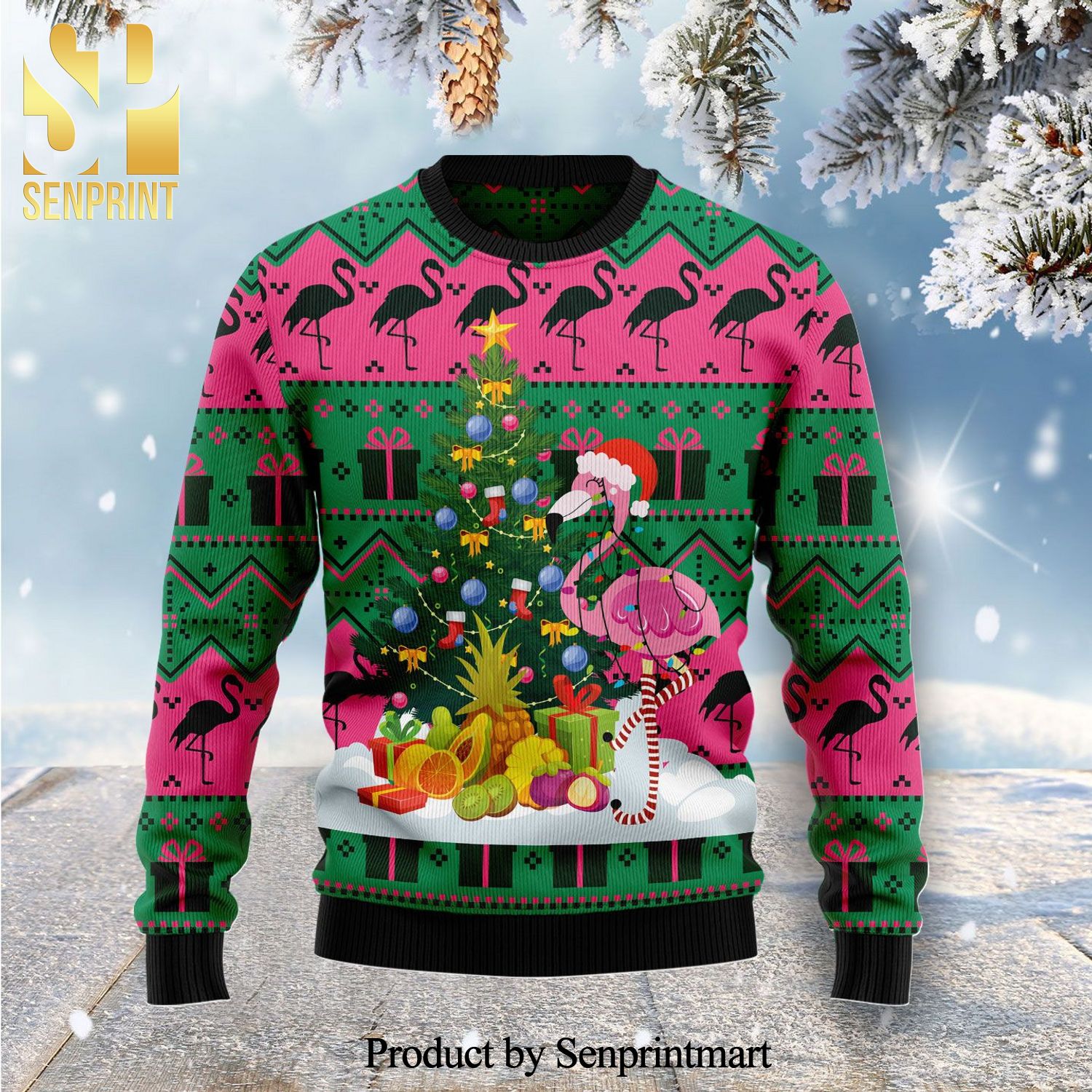Flamingo Christmas Tree Knitted Ugly Christmas Sweater