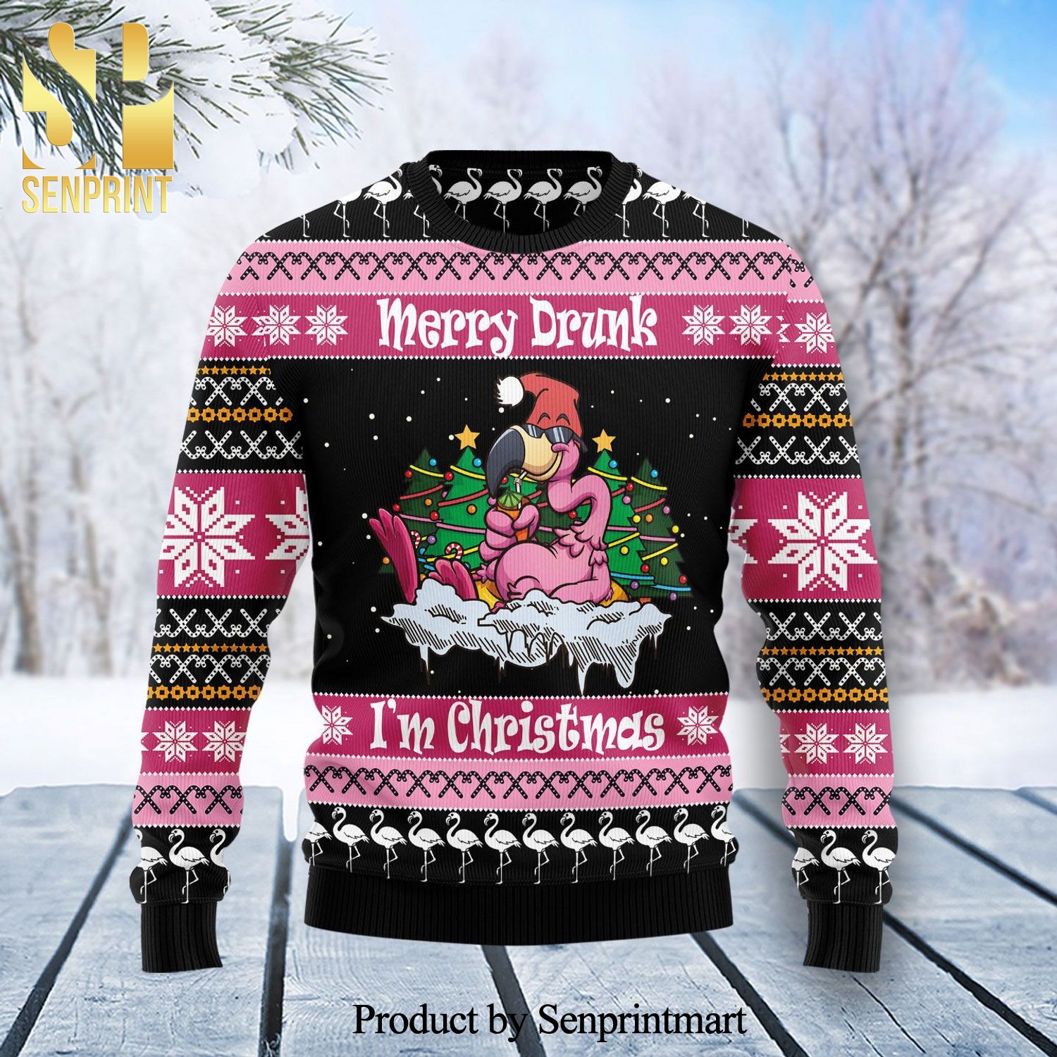 Flamingo Drunk Christmas Knitted Ugly Christmas Sweater