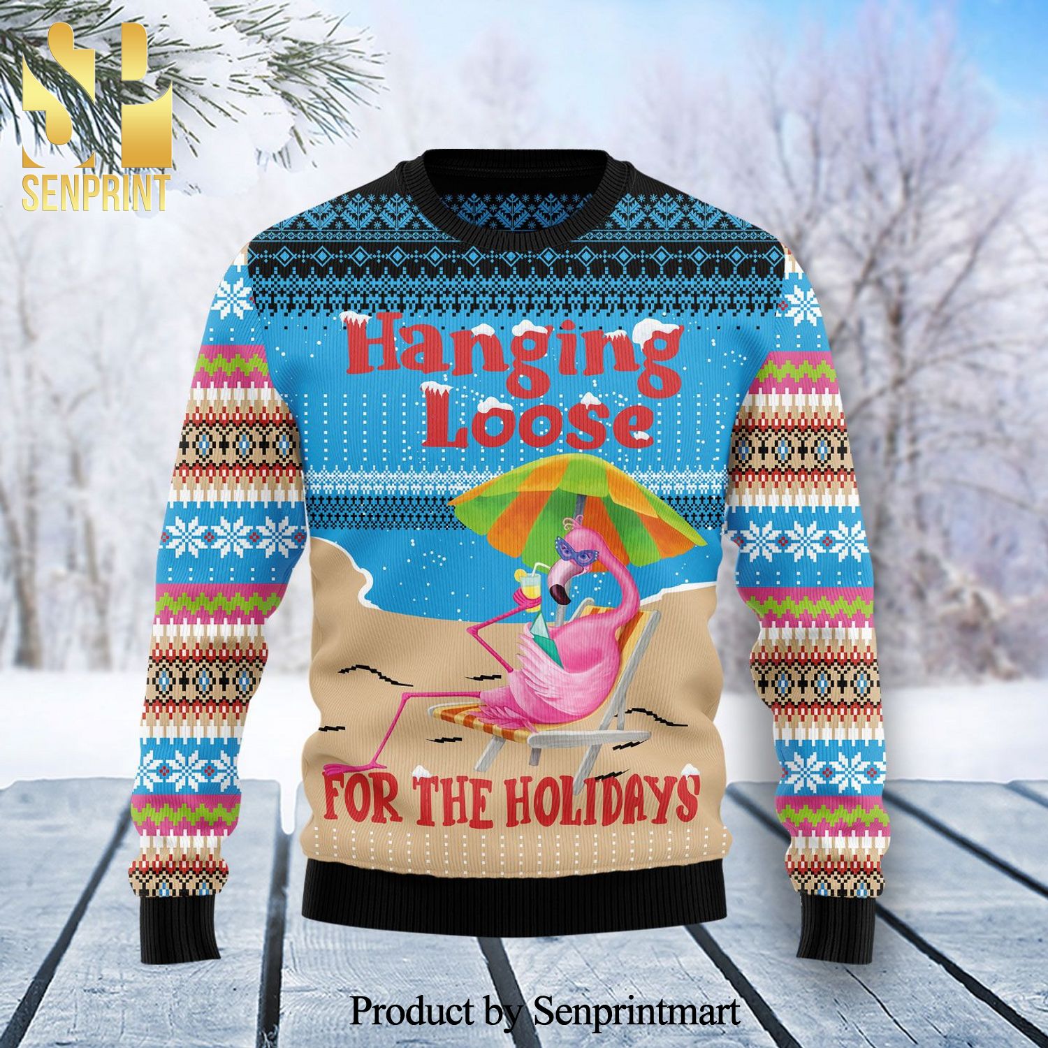 Flamingo Hanging Loose Knitted Ugly Christmas Sweater