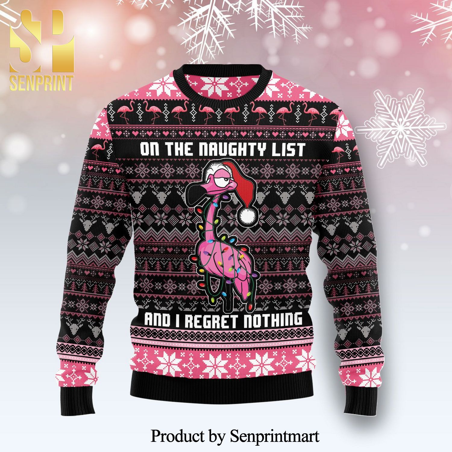 Flamingo Naughty List Knitted Ugly Christmas Sweater
