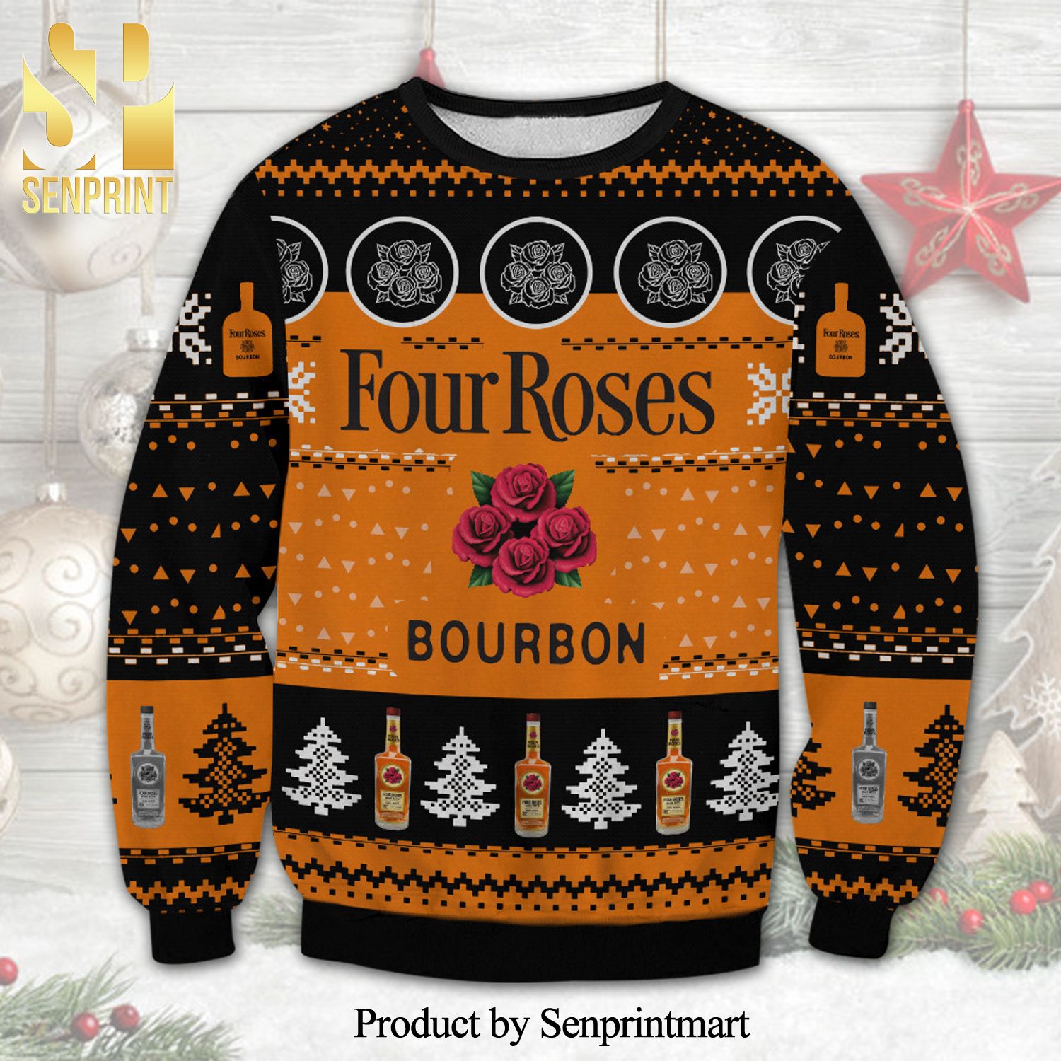 Four Roses Bourbon Kentucky Whiskey Knitted Ugly Christmas Sweater