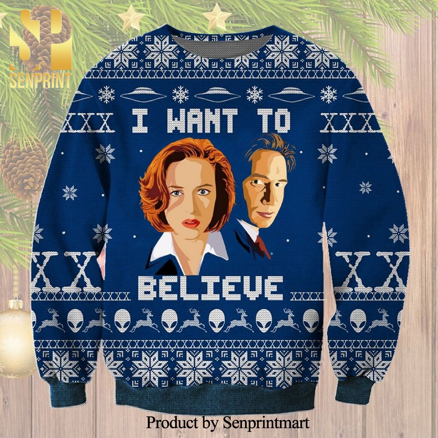 Fox Mulder Dana Scully The X-Files I Want to Believe Knitted Ugly Christmas Sweater