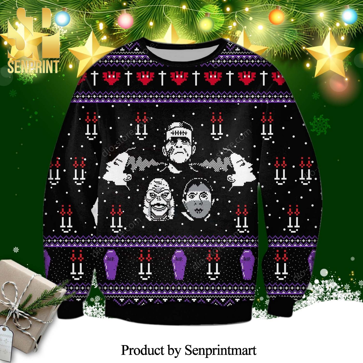 Frankenstein The Addams Family Horror Movie Knitted Ugly Christmas Sweater