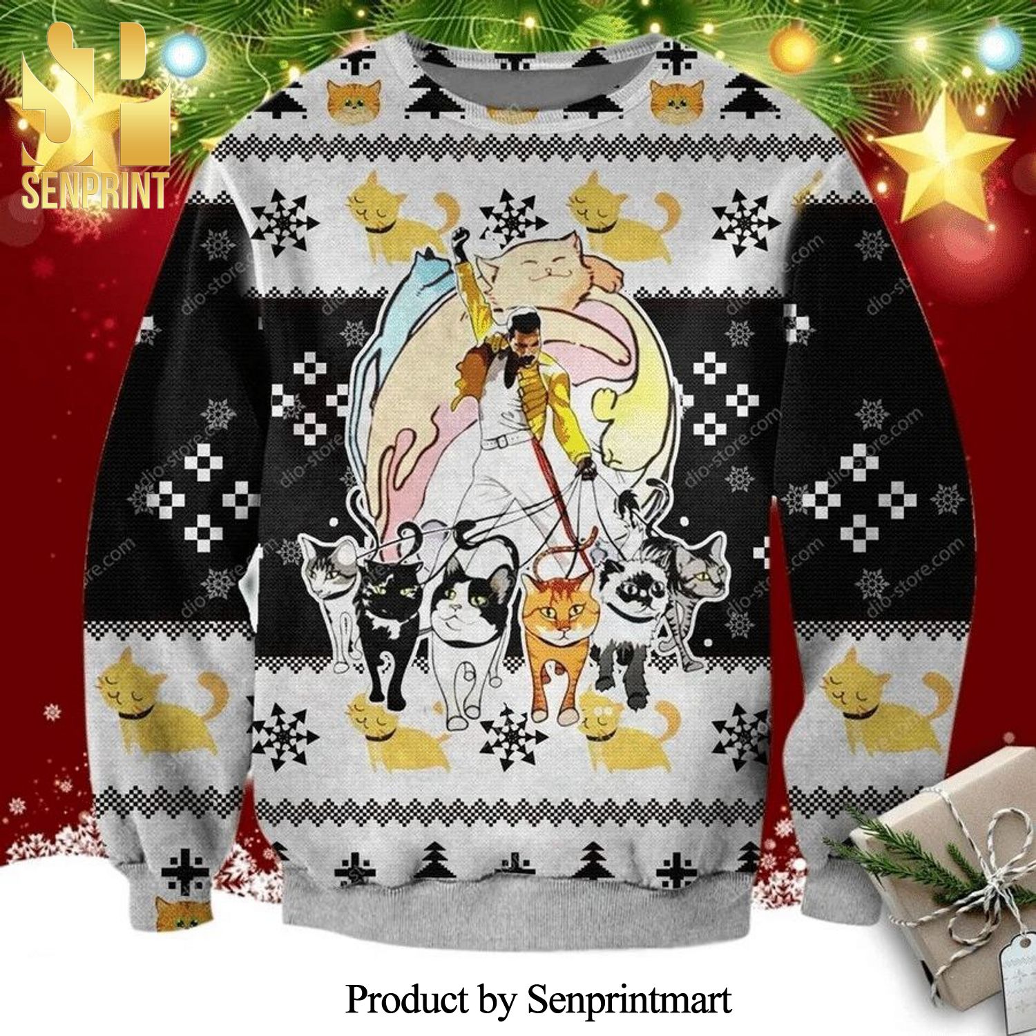 Freddie Mercury And His Cats Knitted Ugly Christmas Sweater