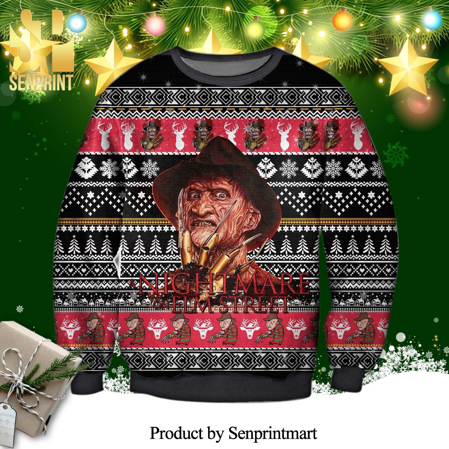 Freddy Krueger A Nightmare On Elm Street Horror Movie Poster Knitted Ugly Christmas Sweater