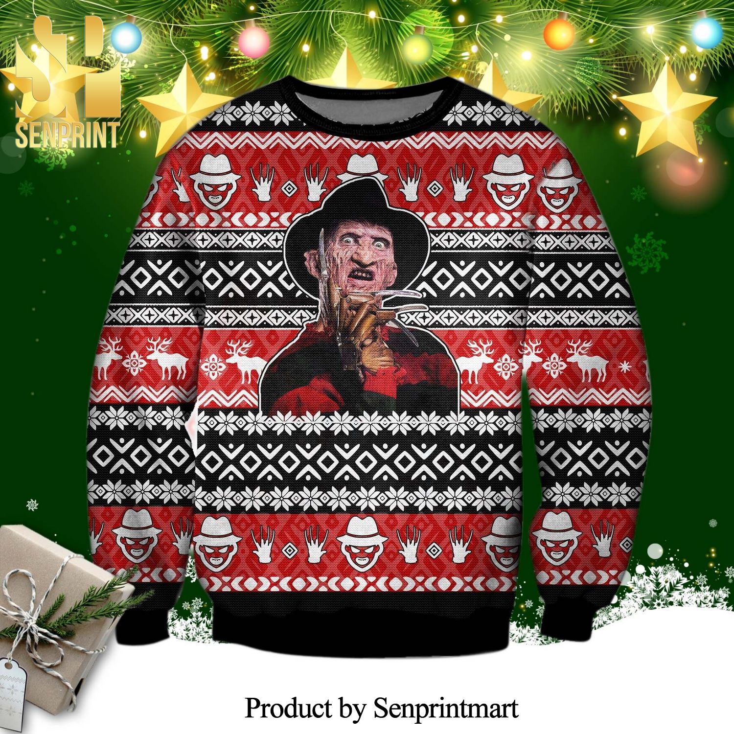Freddy Krueger A Nightmare On Elm Street Horror Poster Face Knitted Ugly Christmas Sweater