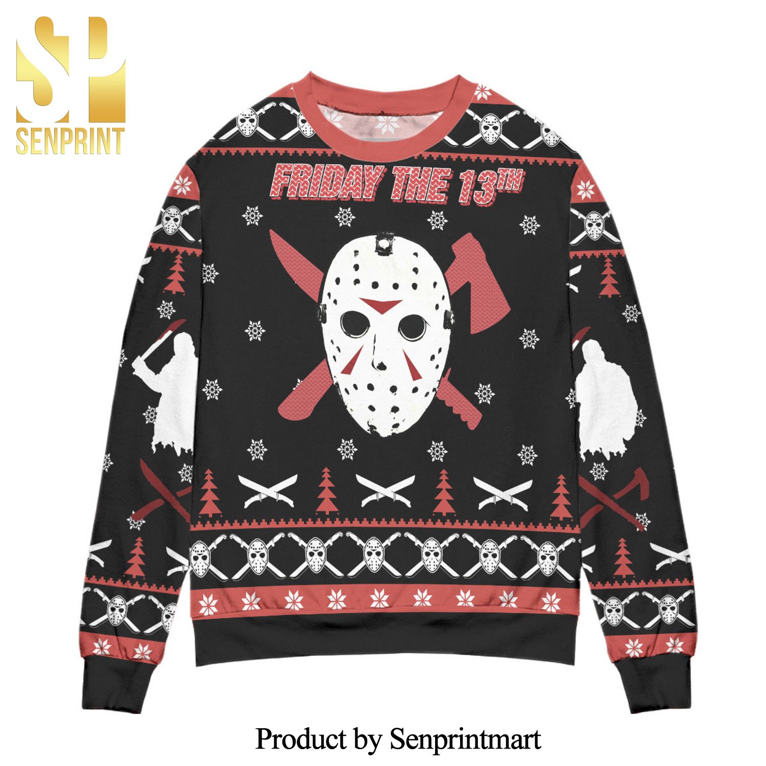 Friday The 13th Jason Voorhees Mask Knitted Ugly Christmas Sweater – Black