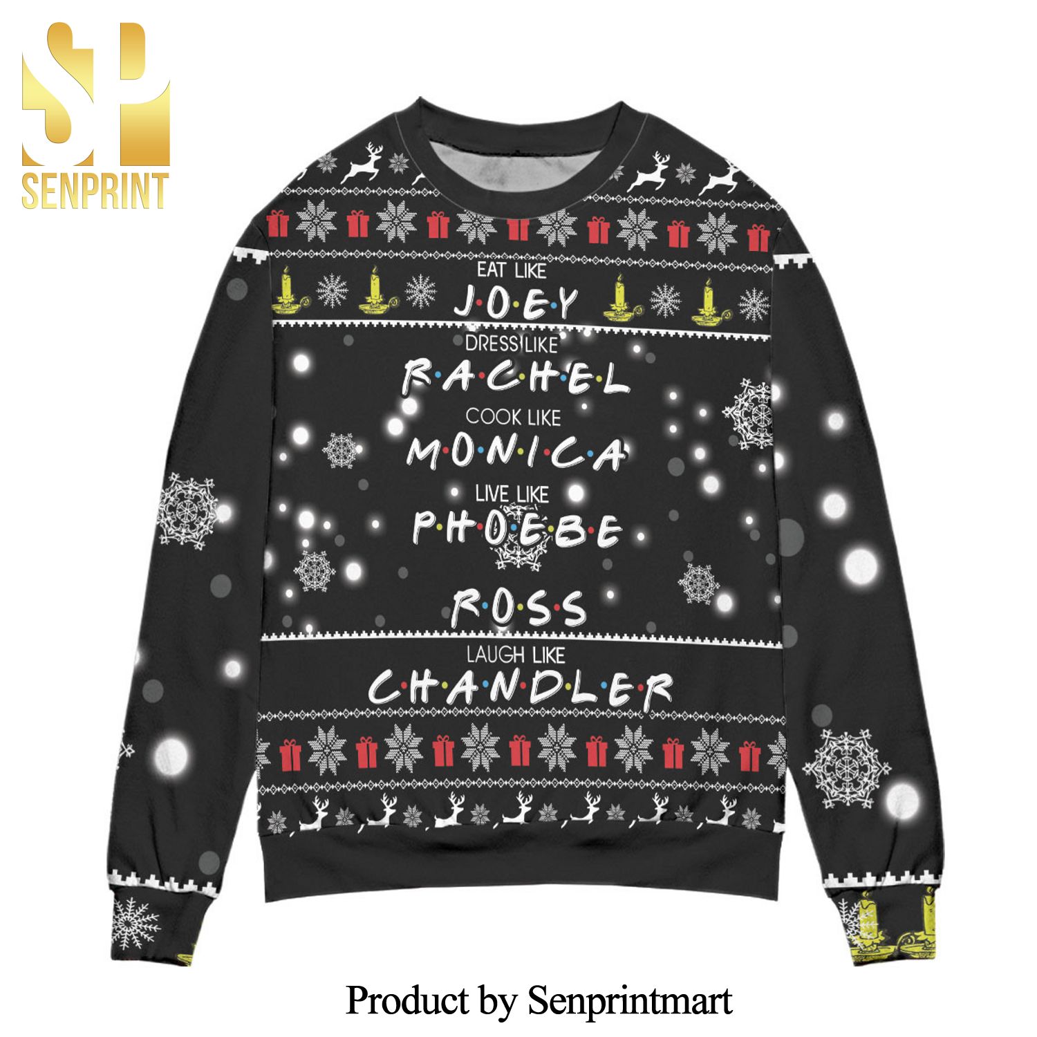 Friends Eat Like Joey Dress Like Rachel Snowflake Pattern Knitted Ugly Christmas Sweater – Black