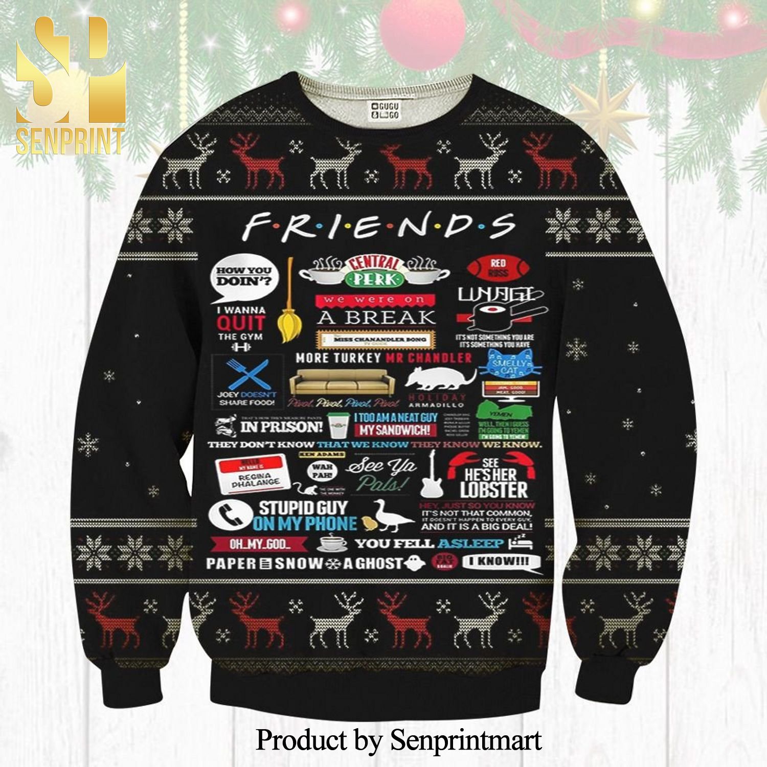 Friends Series Quotes Reindeer Pattern Knitted Ugly Christmas Sweater – Black