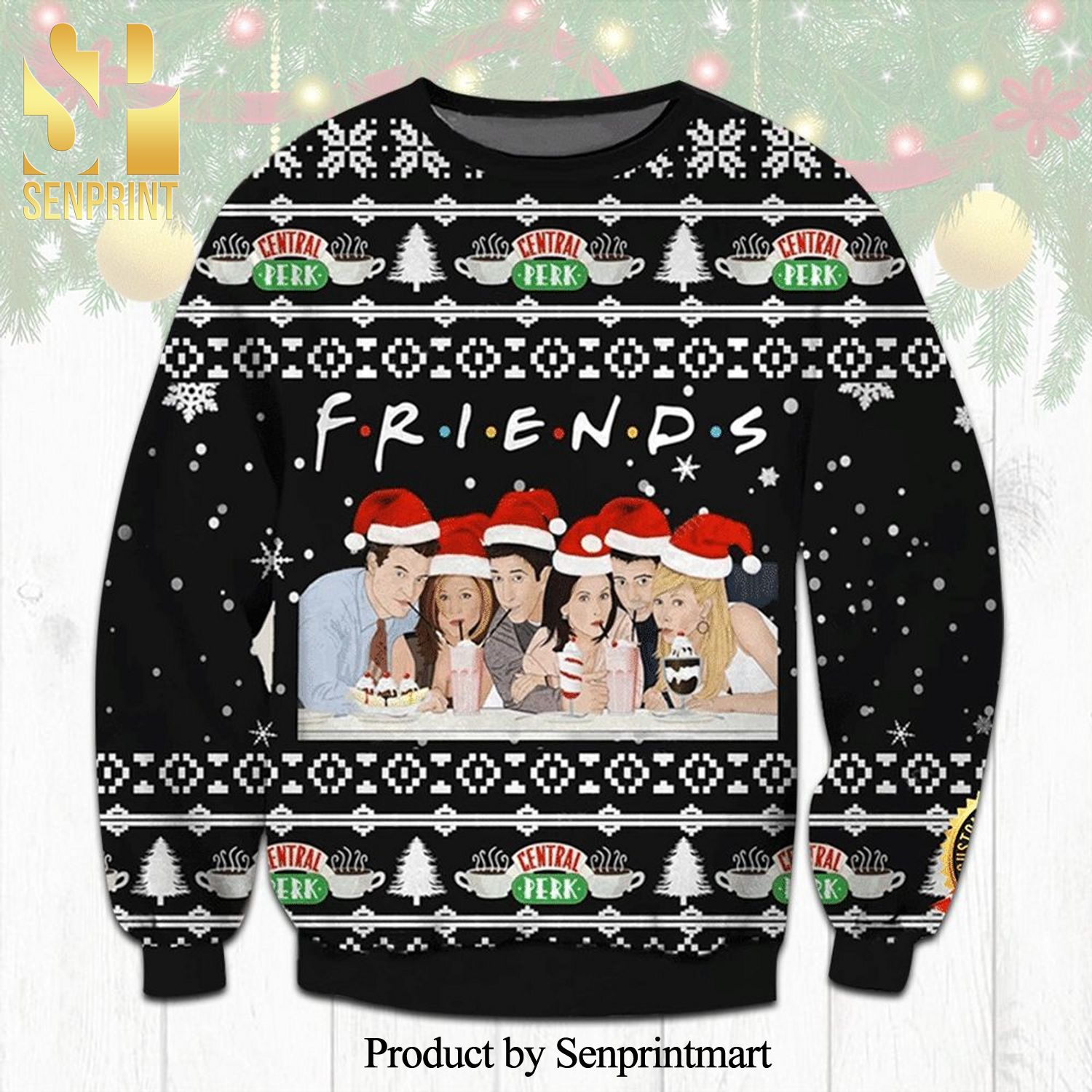 Friends TV Show Central Perk Coffee Snowflake Knitted Ugly Christmas Sweater