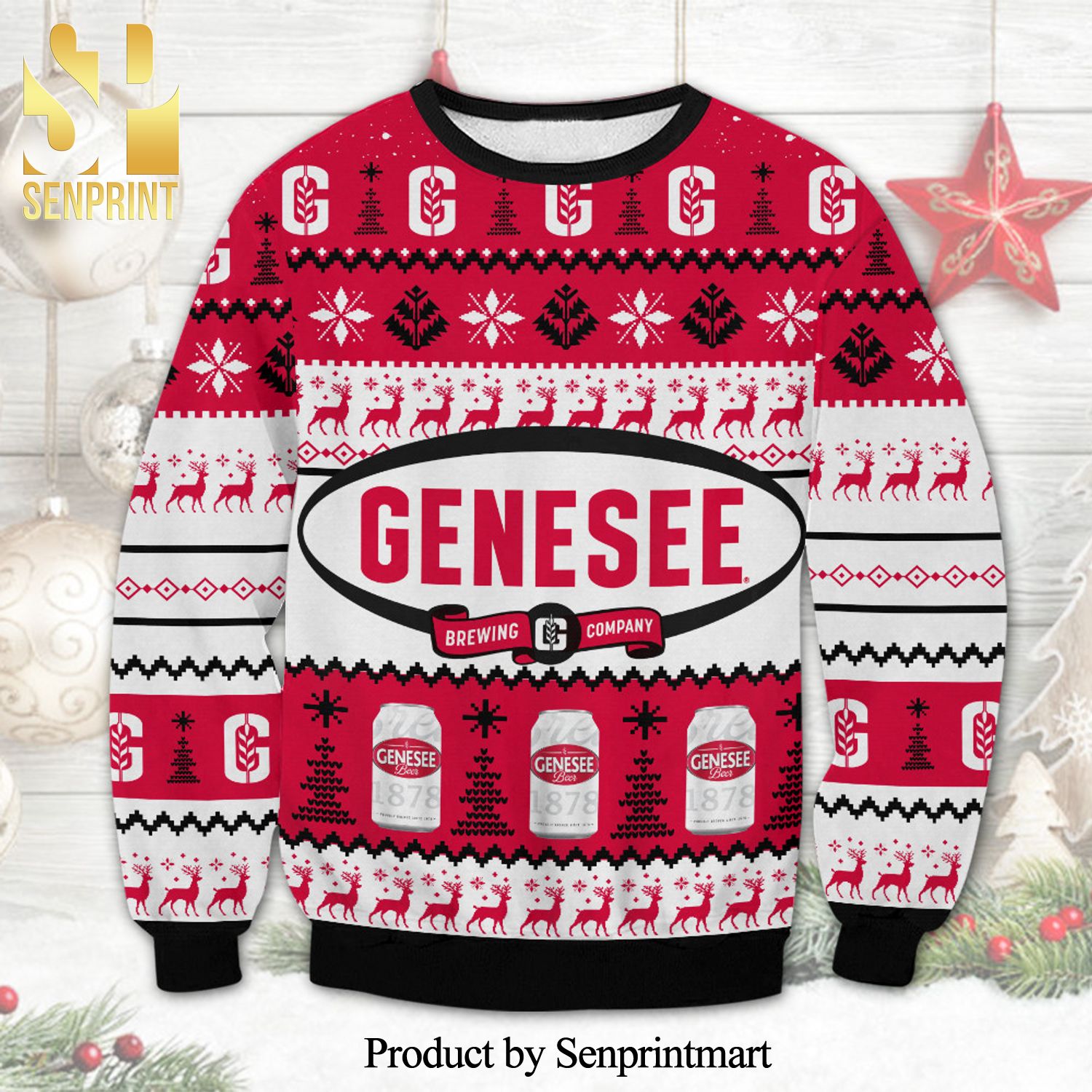 Genesee Brewery Beer Can Reindeer Knitted Ugly Christmas Sweater