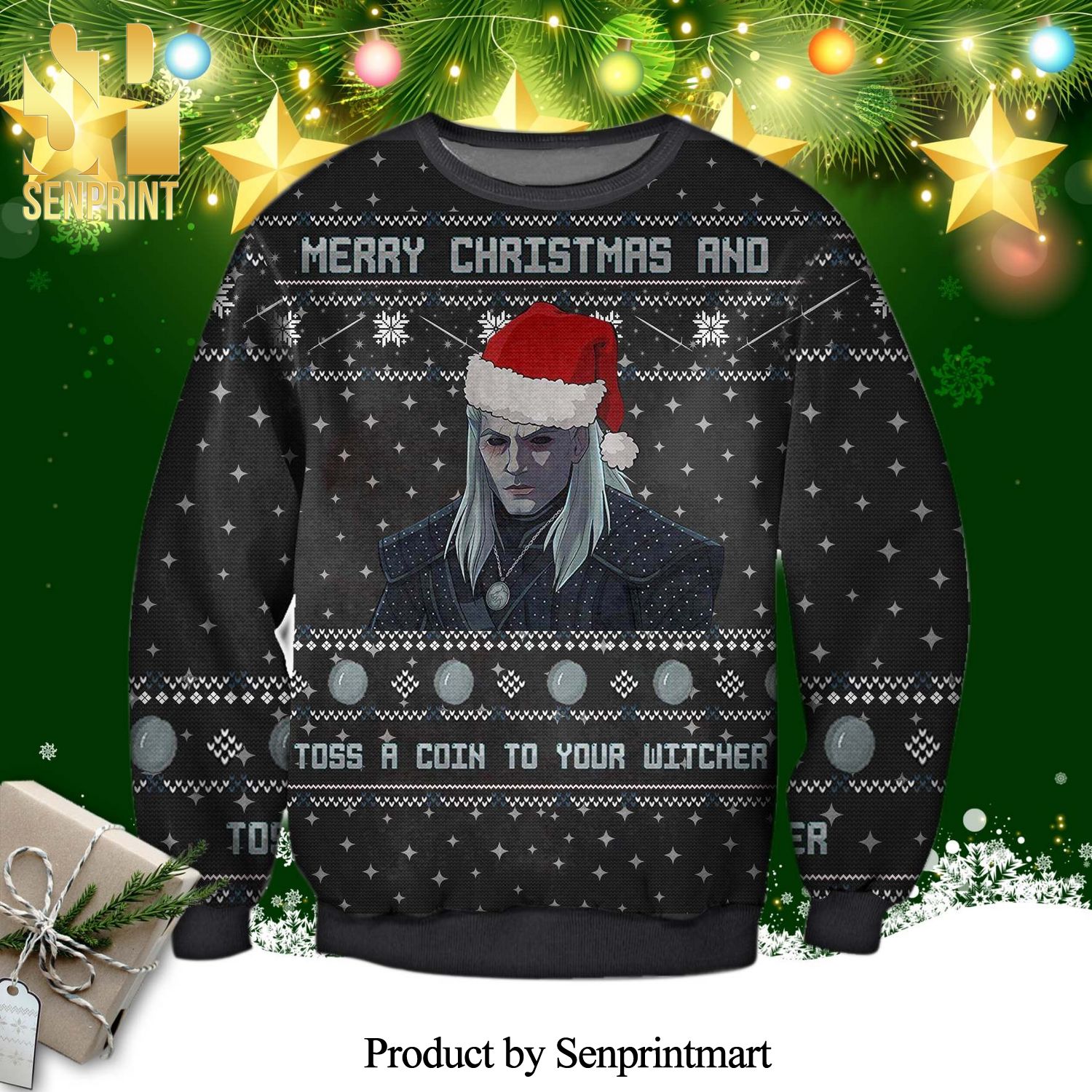 Geralt of Rivia Toss A Coin The Witcher Knitted Ugly Christmas Sweater