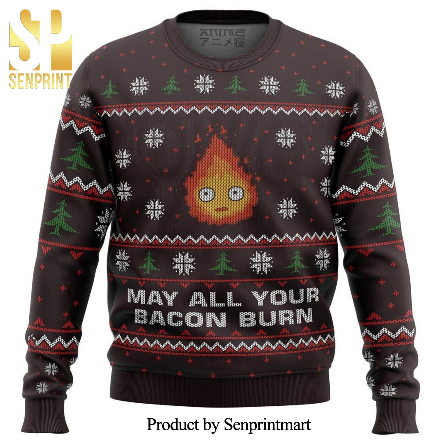 Ghibli Calcifer Howl’S Moving Castle May All Your Bacon Burn Manga Anime Knitted Ugly Christmas Sweater