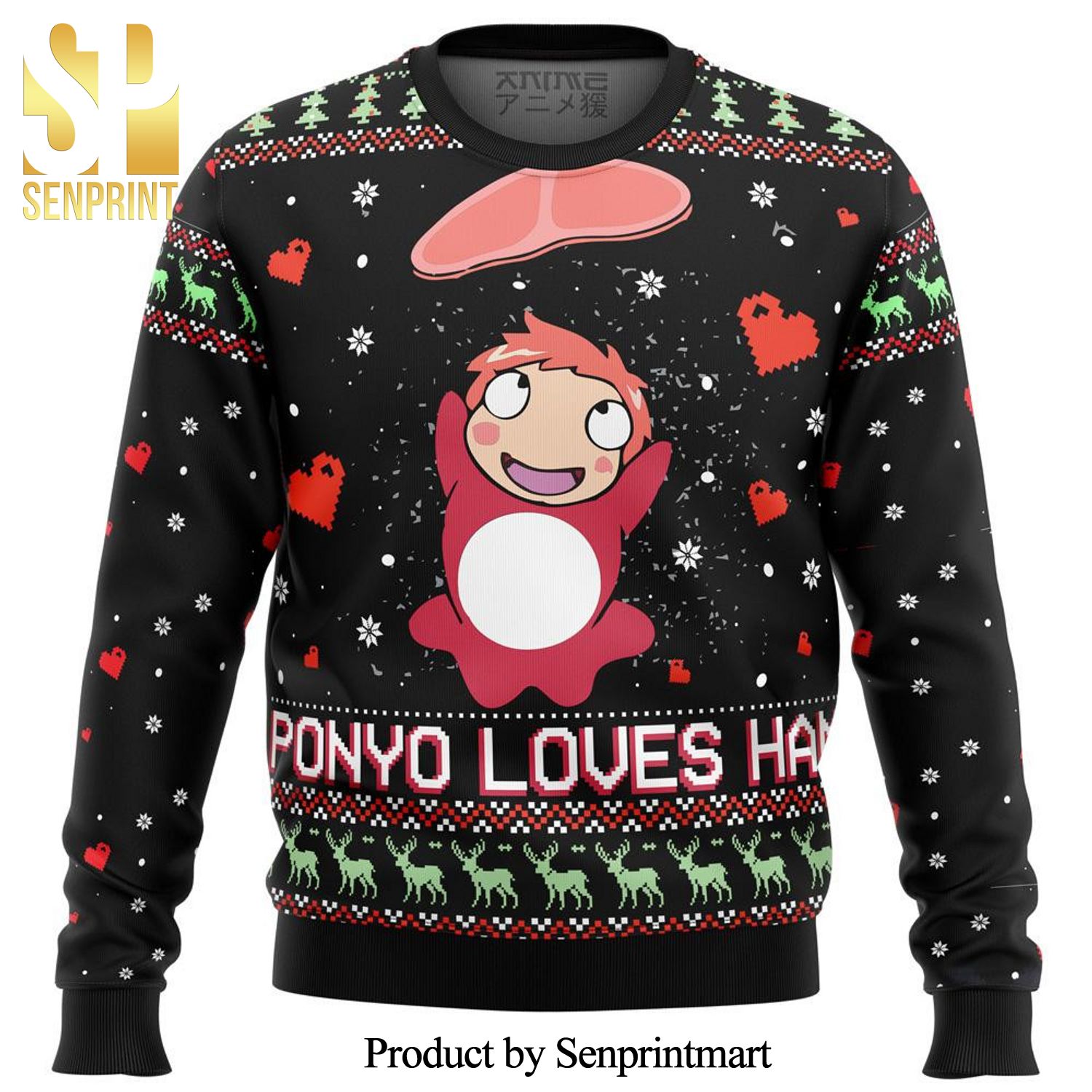 Ghibli Ponyo Loves Ham Manga Anime Knitted Ugly Christmas Sweater