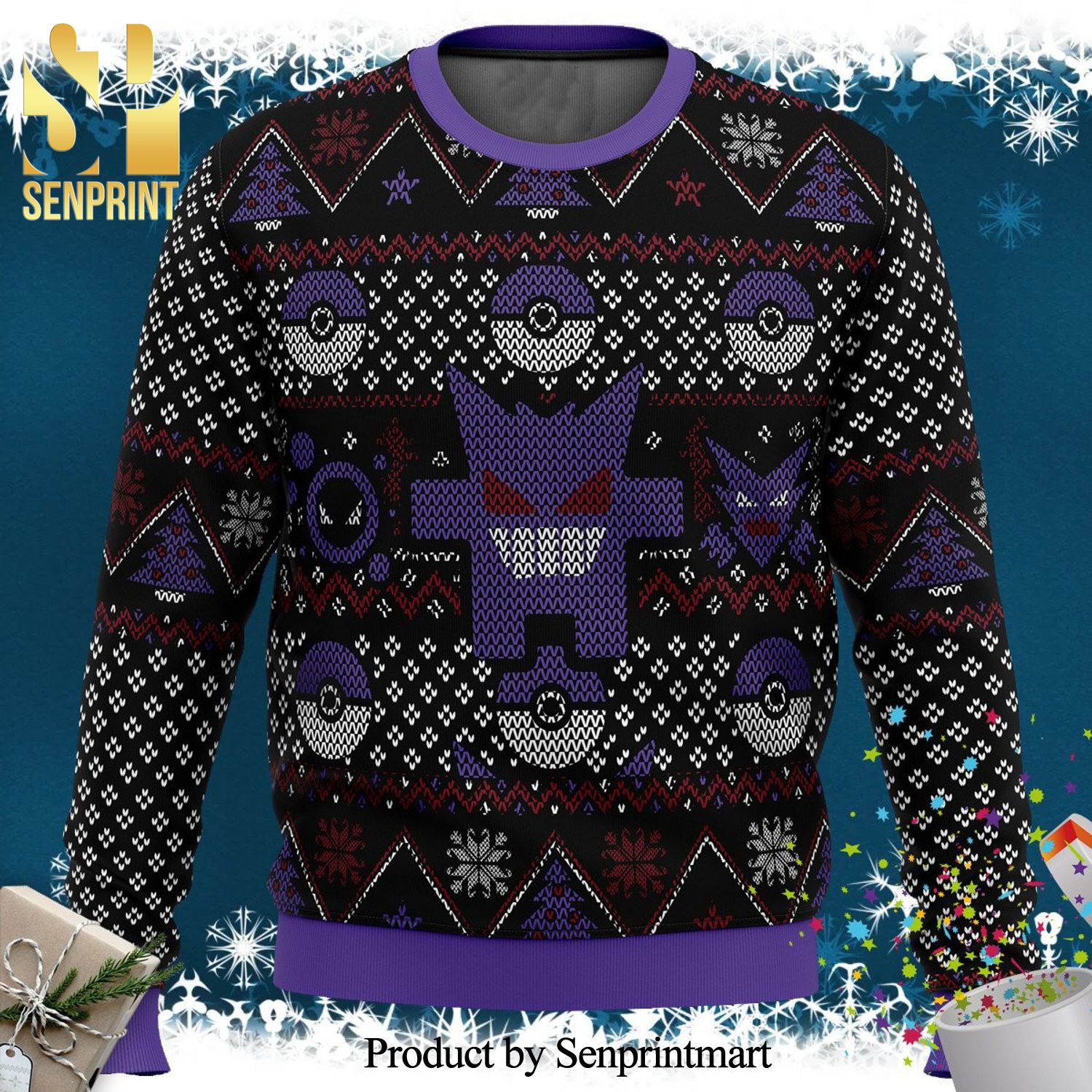 Ghosts Type Gengar Ghastly Haunter Pokemon Manga Anime Knitted Ugly Christmas Sweater