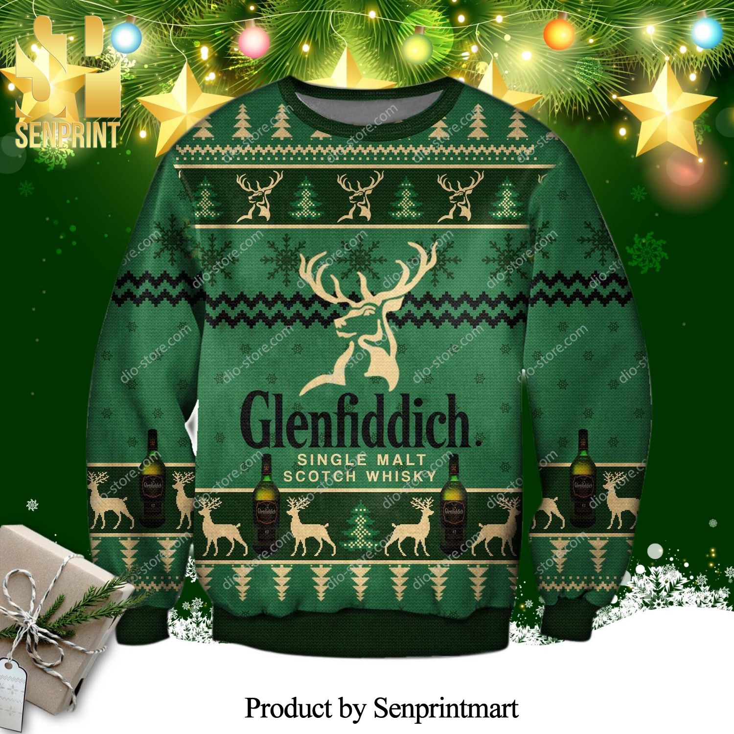 Glenfiddich Whisky Wine Knitted Ugly Christmas Sweater