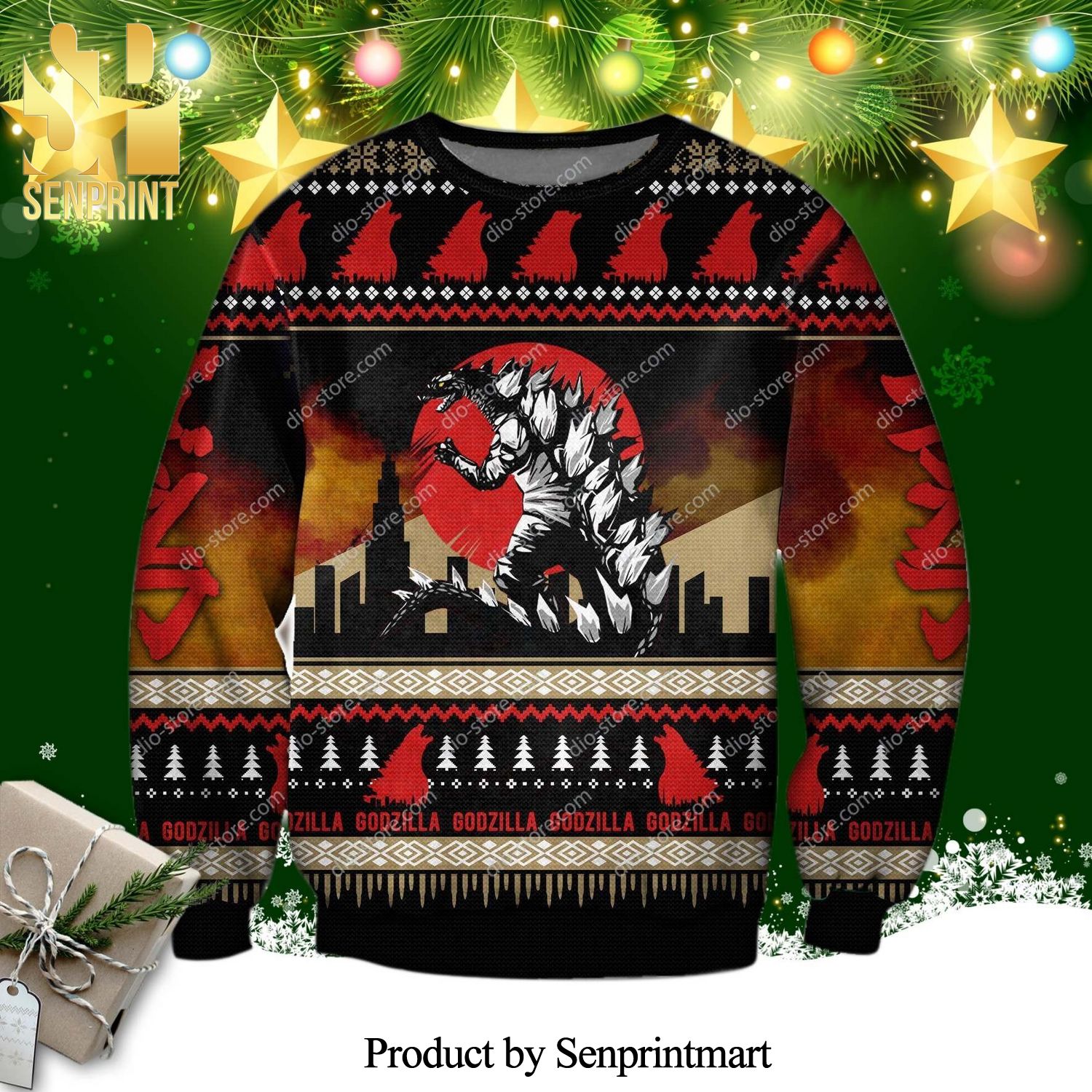 Godzilla Blood Moon Knitted Ugly Christmas Sweater