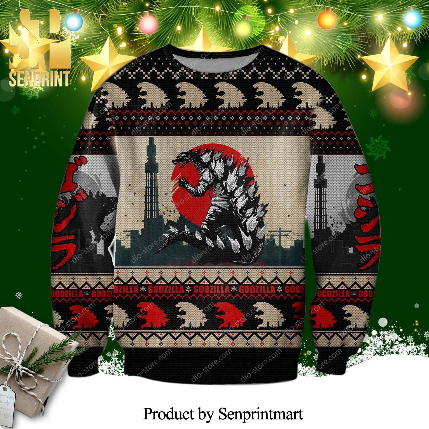 Godzilla Poster Knitted Ugly Christmas Sweater