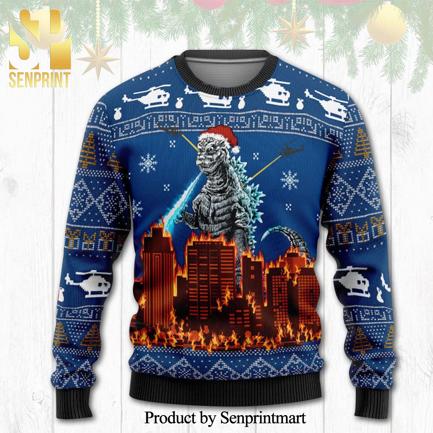 Godzilla Santa Hat Destroyed City Knitted Ugly Christmas Sweater