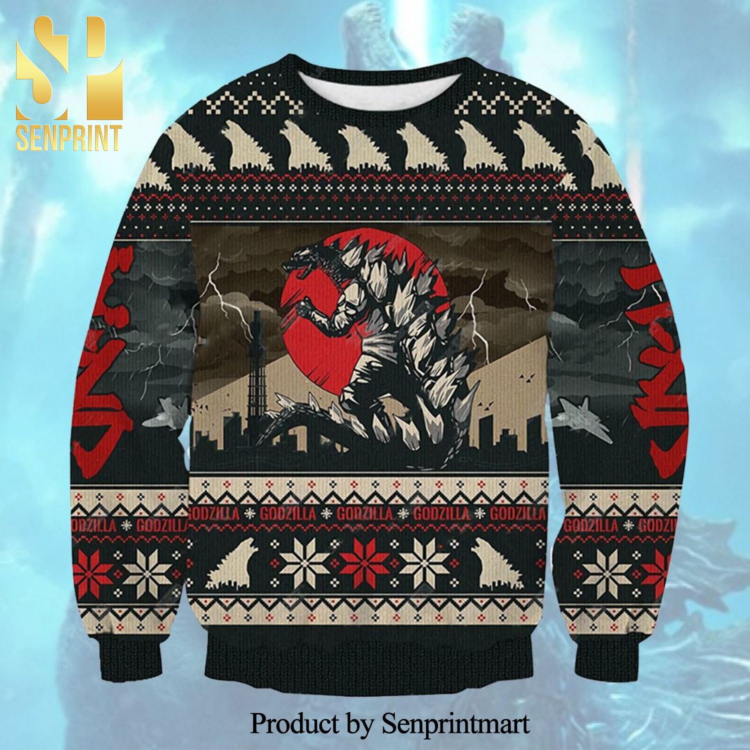 Godzilla Snowflake Lightning Knitted Ugly Christmas Sweater