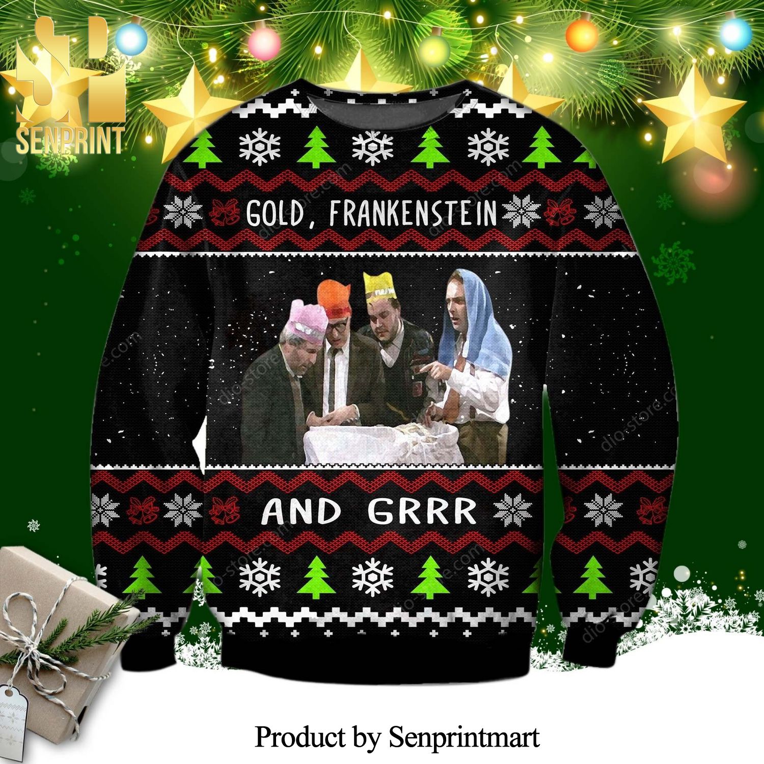 Gold Frankenstein And Grr Bottom Sitcom Knitted Ugly Christmas Sweater
