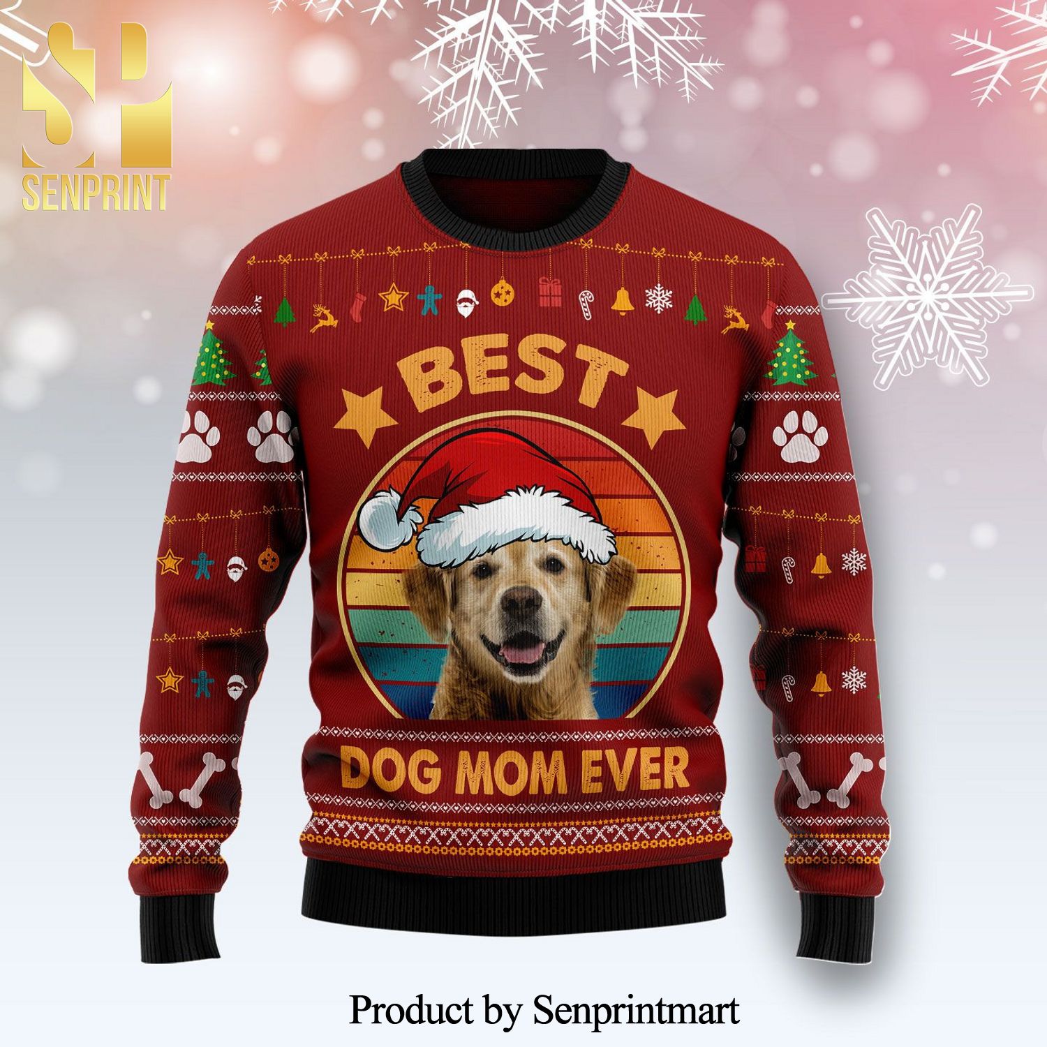Golden Retriever Best Dog Mom Ever Knitted Ugly Christmas Sweater
