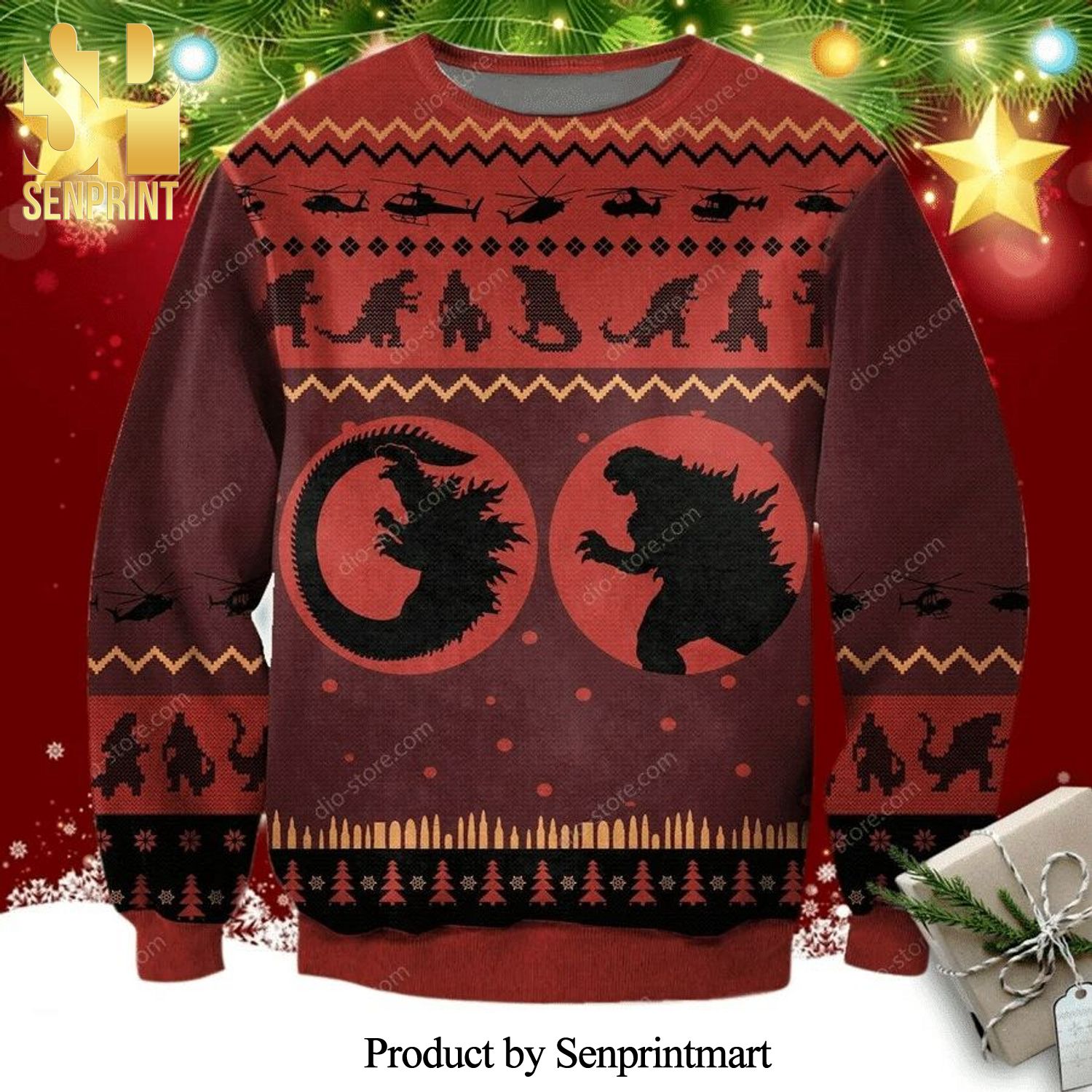 Gozilla Poster Knitted Ugly Christmas Sweater