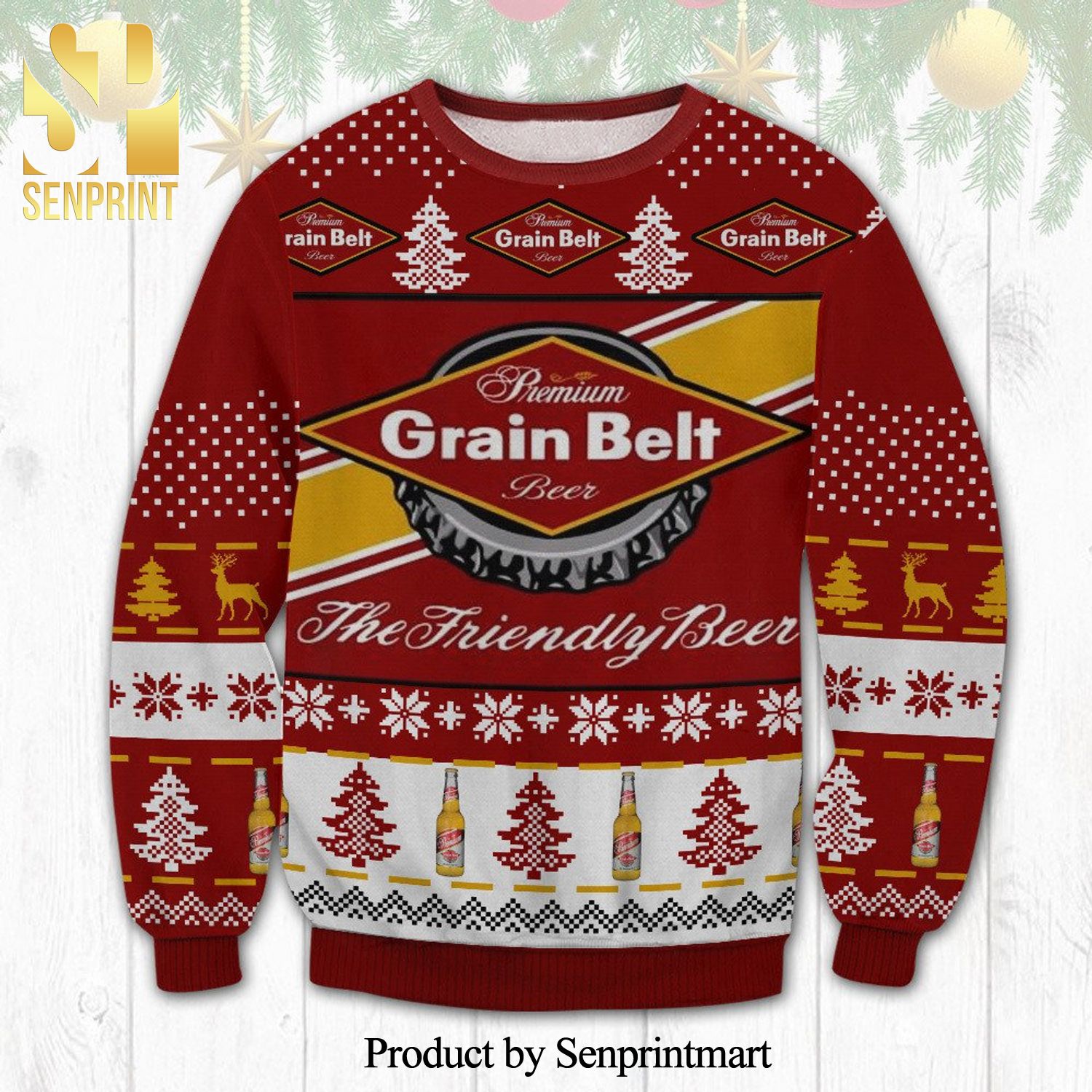 Grain Belt Premium The Friendly Beer Logo Pine Tree Knitted Ugly Christmas Sweater