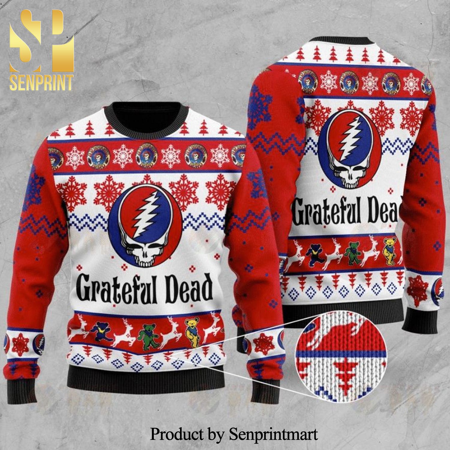 Grateful Dead Rock Band Wood Knitted Ugly Christmas Sweater