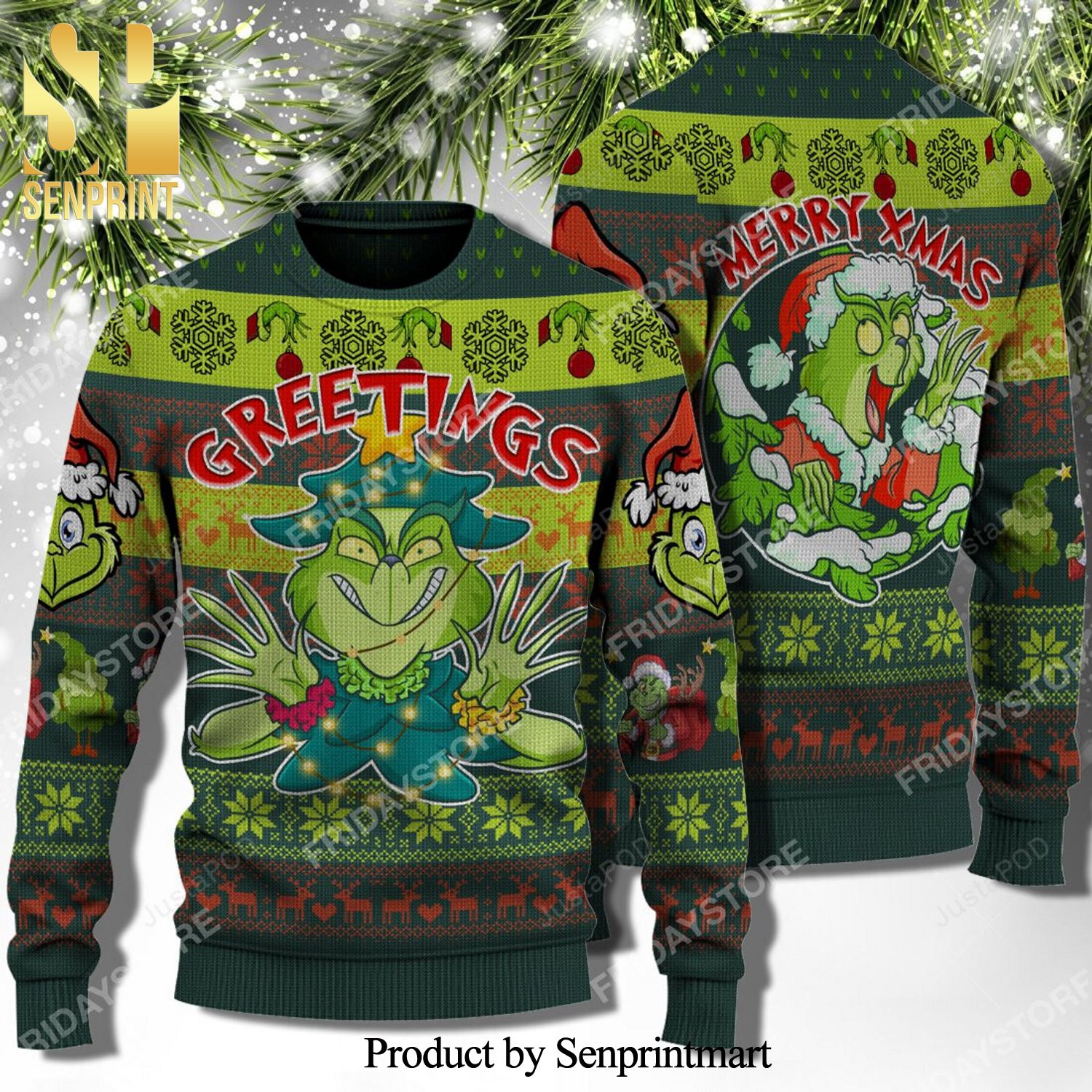 Greetings Grinch Knitted Ugly Christmas Sweater