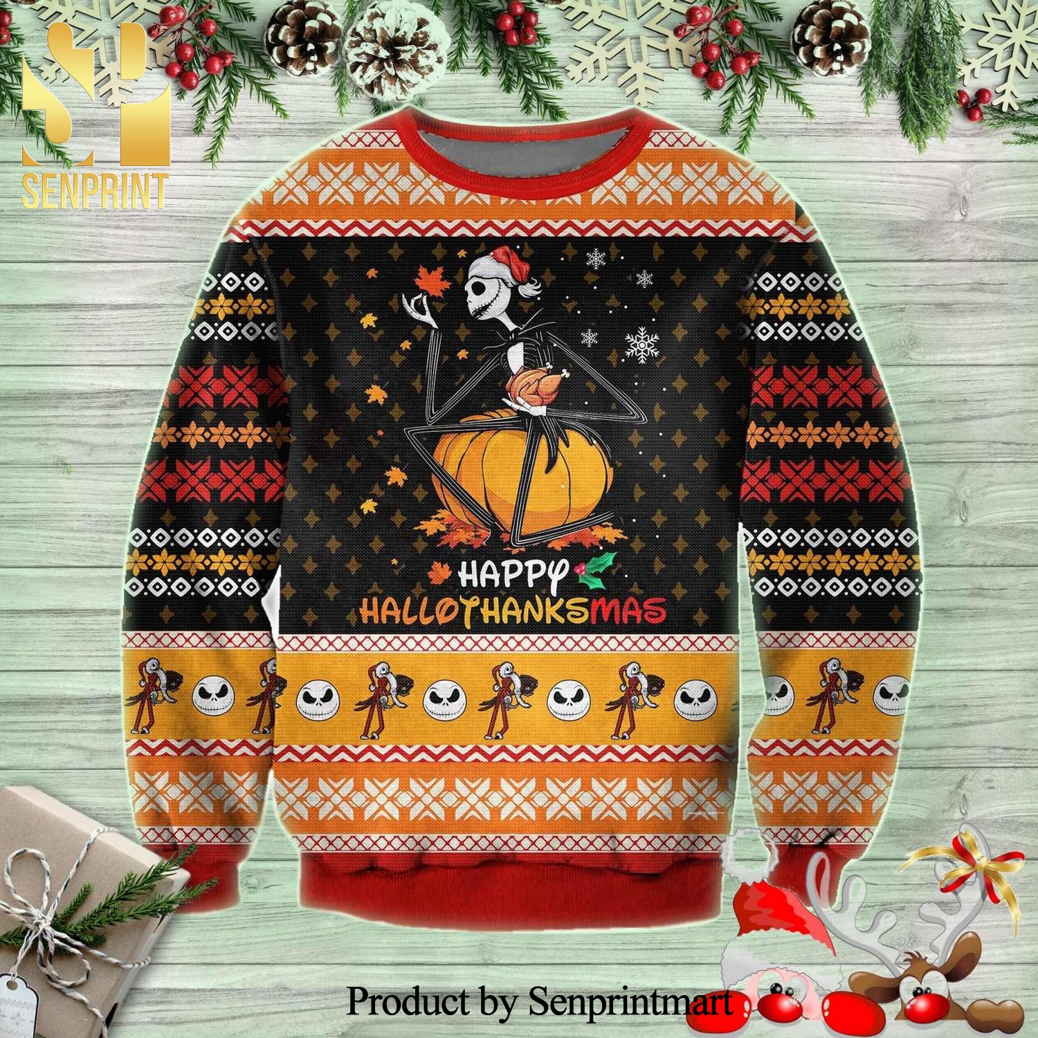 Happy Hallothanksmas Jack Skellington Knitted Ugly Christmas Sweater